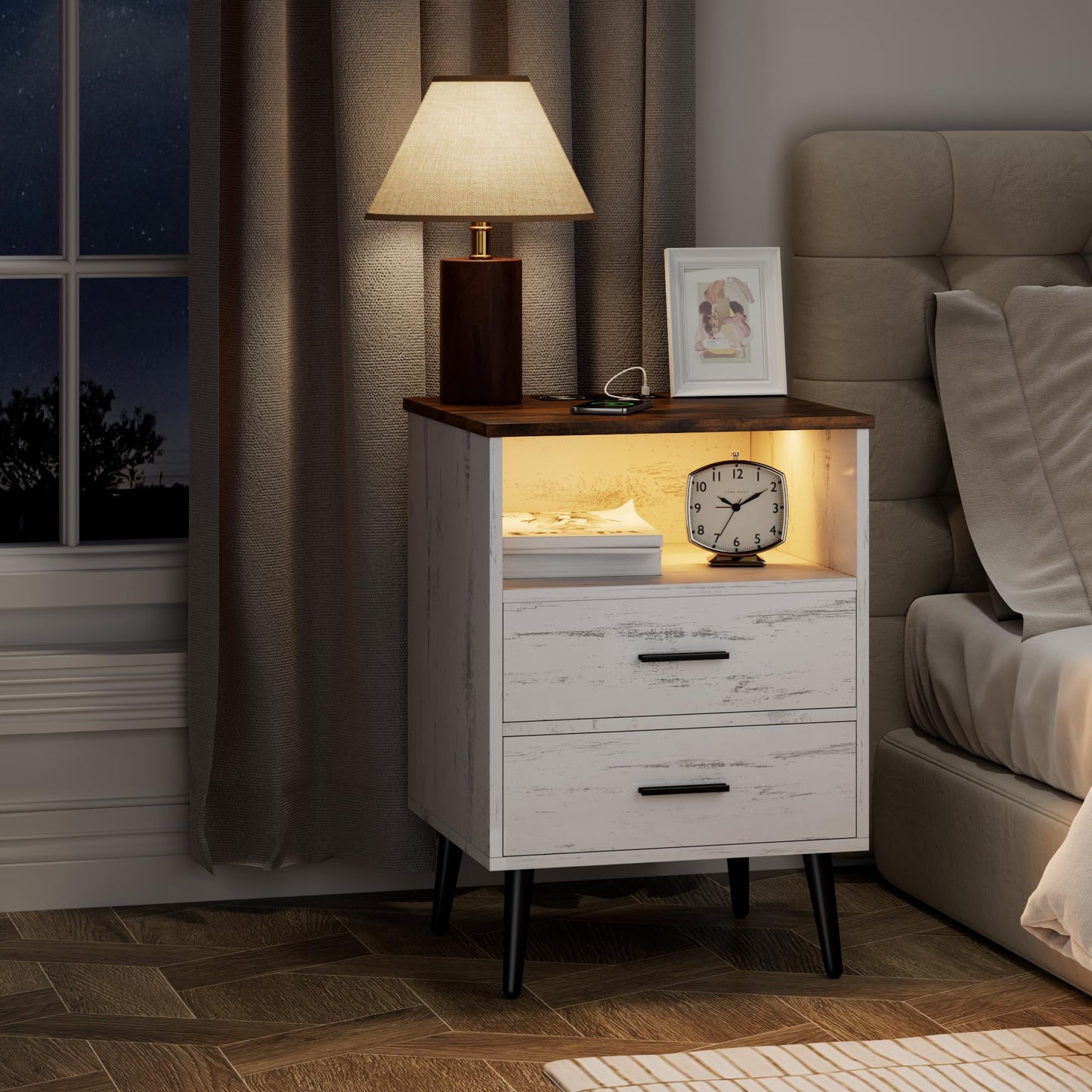 Lareth Nightstand with Charging Station and LED Lights, 25.6" H x 15.7" D Farmhouse Wooden End Table with 2 Drawers, Smart Bedside Table for Bedroom, Small Space, Antique White