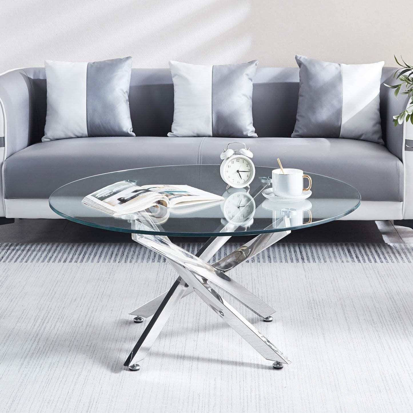SSLine Round Glass Coffee Table with Silver Base Clear Tempered Glass Pedestal Center Table Luxury 35.4" Coffee Table for Living Room Bedroom Reception Room Coffee Table w/Mirror Stainless Steel Legs