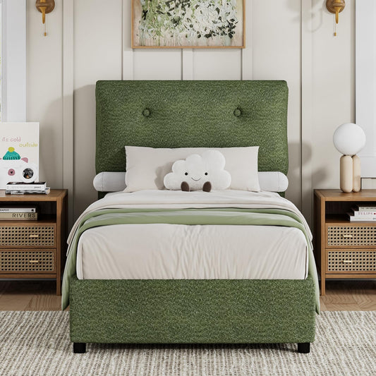 CHABUILDREARK Twin Bed Frames, Upholstered Boucle Platform Bed Frame with Headboard, Cloud Bed Frames with Soft Headboard, Wooden Slats Support, No Box Spring Needed, Easy Assembly, Green