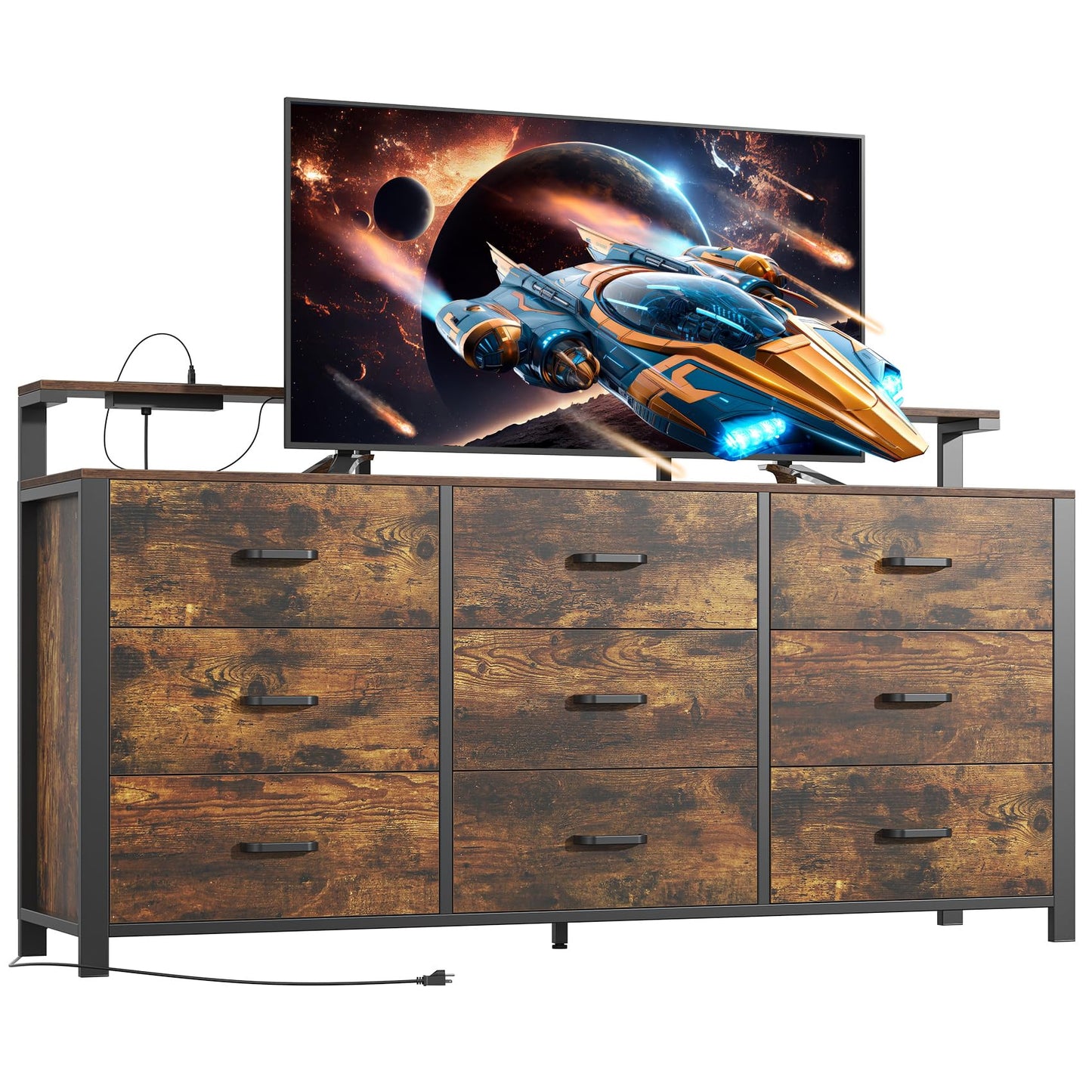 Frmobepts 63'' Rustic Brown Dresser for Bedroom, 9 Drawer Dresser with Power Outlet and Led Lights, Bedroom Furniture with Wooden Drawer and Metal Frame, TV Stand with Deep Drawer Storage