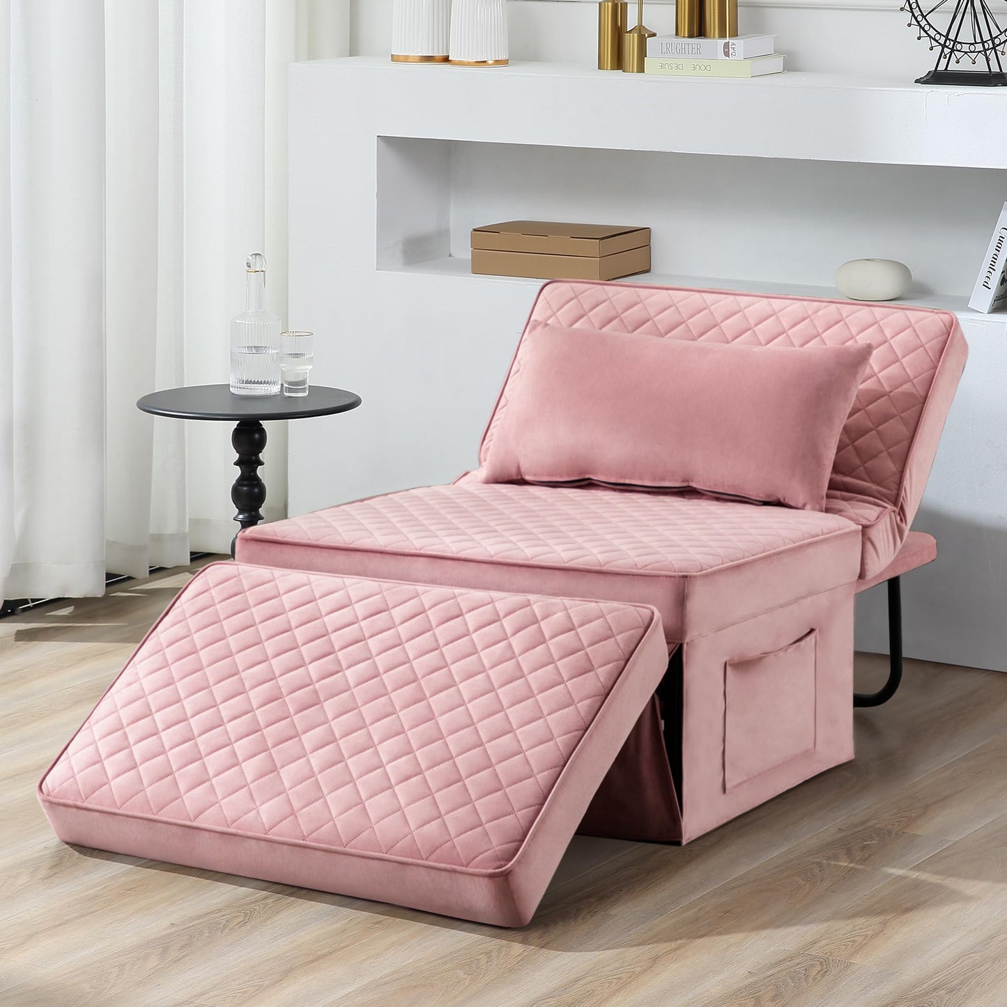 BIGSYY Sofa Bed, 4 in 1 Multi-Function Folding Ottoman Breathable Velvet Couch Bed with Adjustable Backrest Modern Convertible Chair for Living Room Apartment Office,Squared-Pink