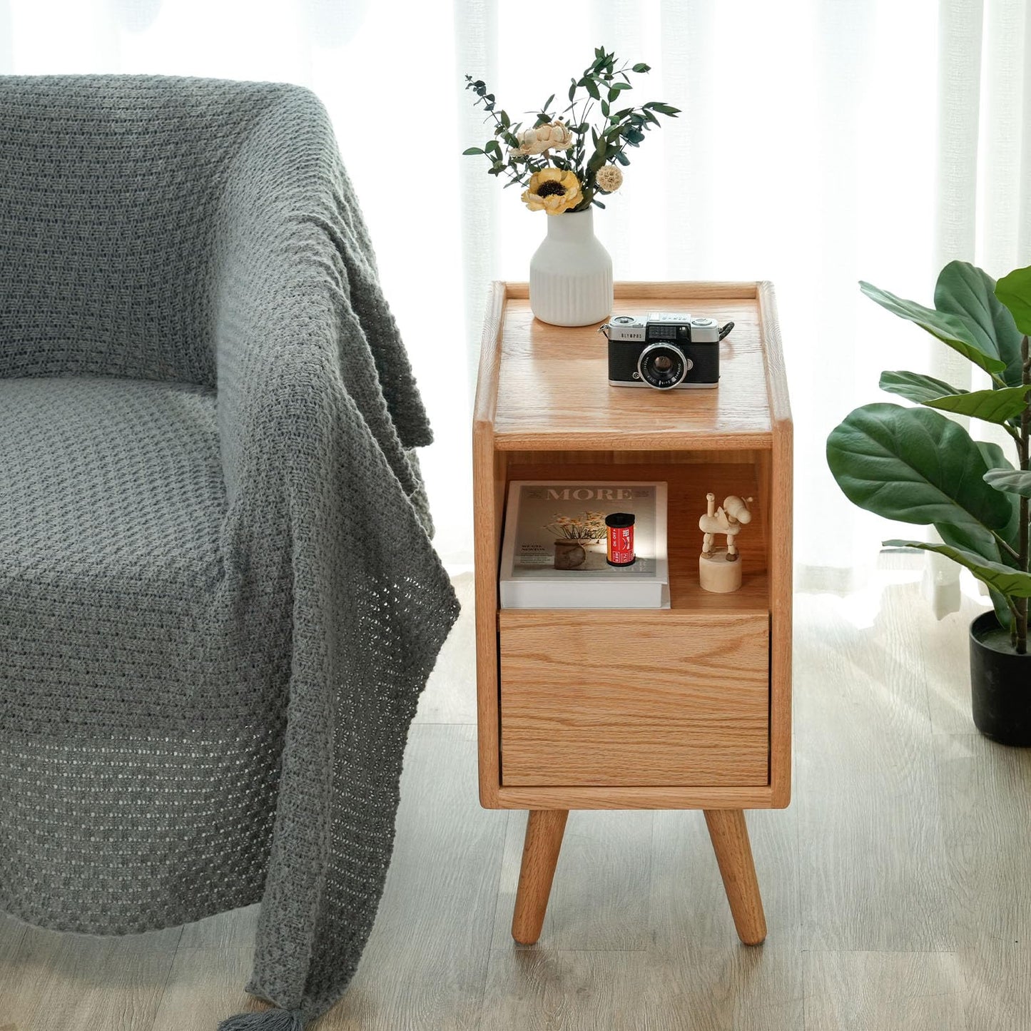 Cttasty Night Stand, Solid Wood Nightsatnd with One Drawer & Open Shelf, Mid Century Modern Nightstand, Durable & Sturdy Small End Table, 11.81 W x 15.75 D x 22.05 H Inches, (Natural)