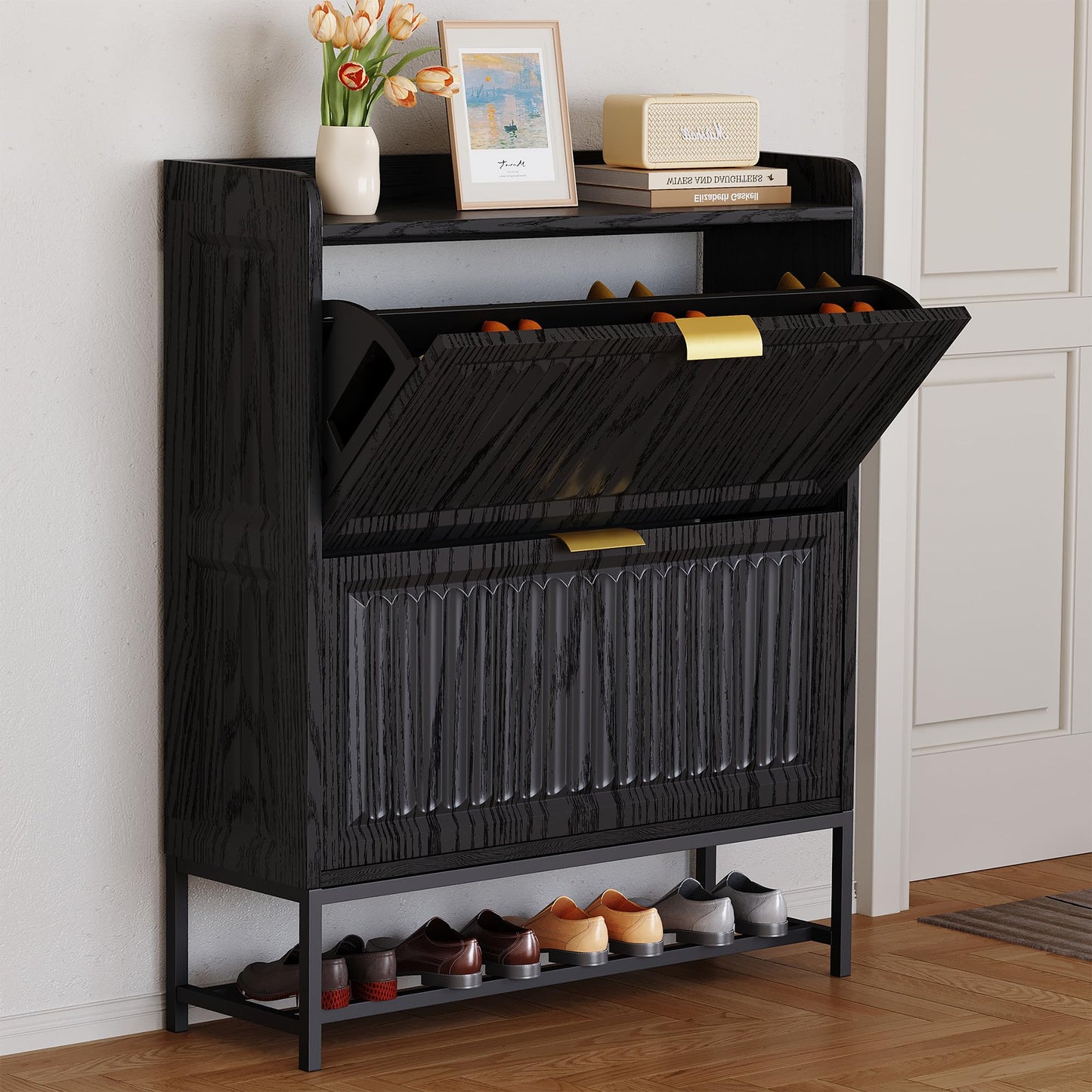 Kogven Shoe Storage Cabinet, Entryway Shoe Rack Cabinet with 2 Flip Drawers Metal Leg,Narrow/Slim/Wide Shoe Organizer Locker, 3-Sided Geometric Wavy Fluted Panel (Vintage Black, 31.5*9.5*40.0 Inch)