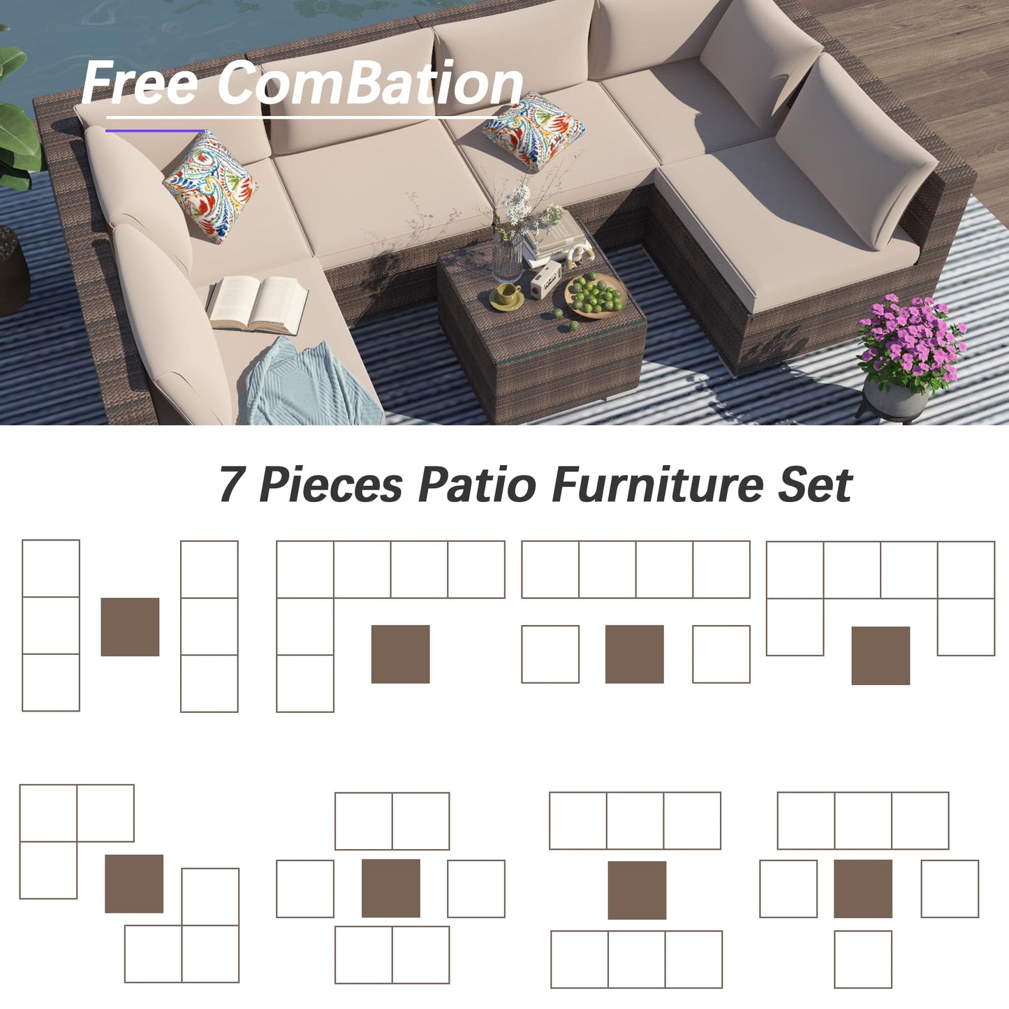 Naga Bahna 7 Piece Patio Furniture Set, Outdoor Patio Conversation Set, All-Weather Rattan Wicker Sectional Sofa Couch w Water Resistant Thick Cushions, 2 Extra Pillows and Coffee Table, Beige/Brown
