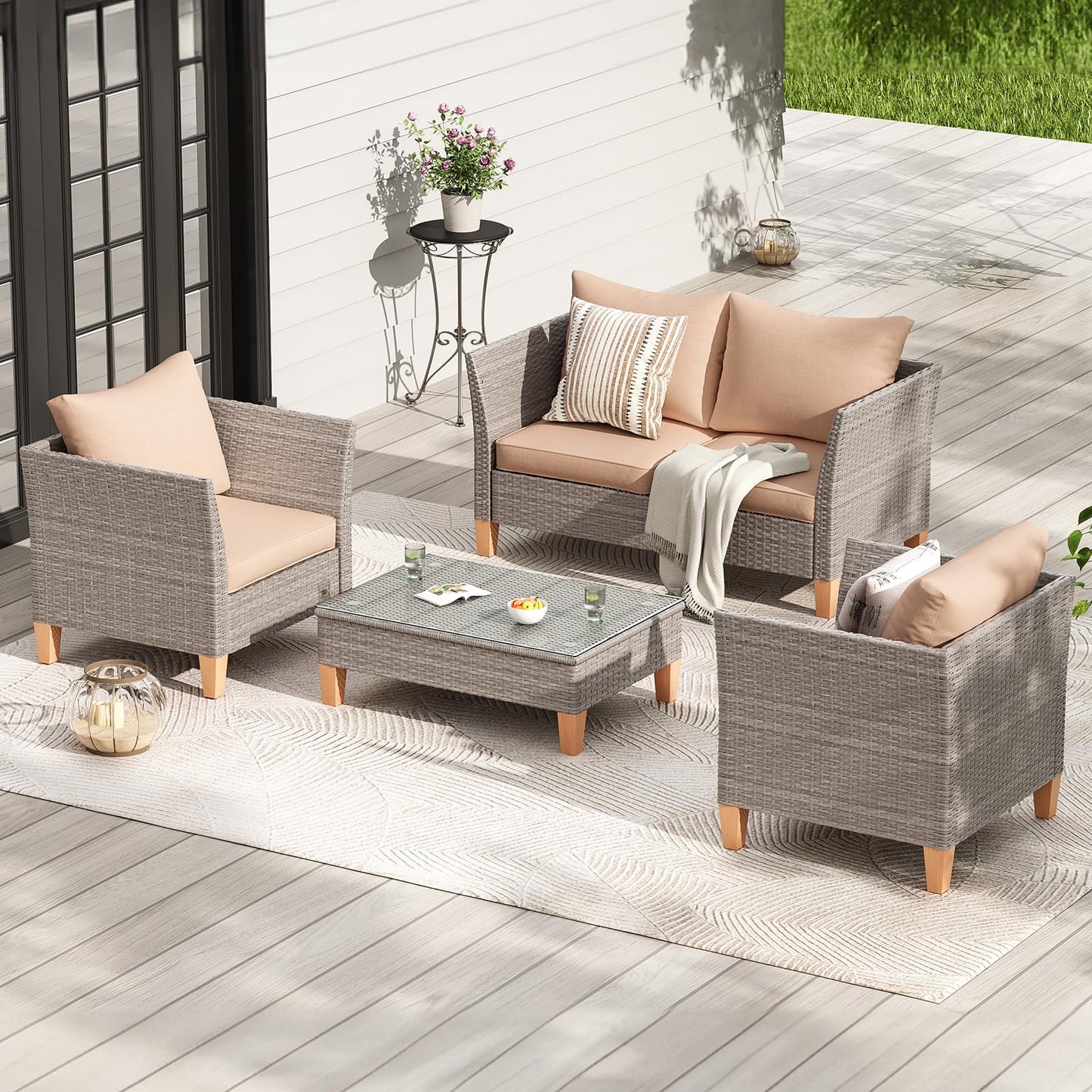 Soohow 5-Piece Patio Furniture Set, Outdoor Furniture with Coffee Table, Loveseat & 2 Single Chairs, 4-Inch Thickened Cushions with Water/Oil/Stain-Resistant Fabric (Beige Cushion + Gray Wicker)
