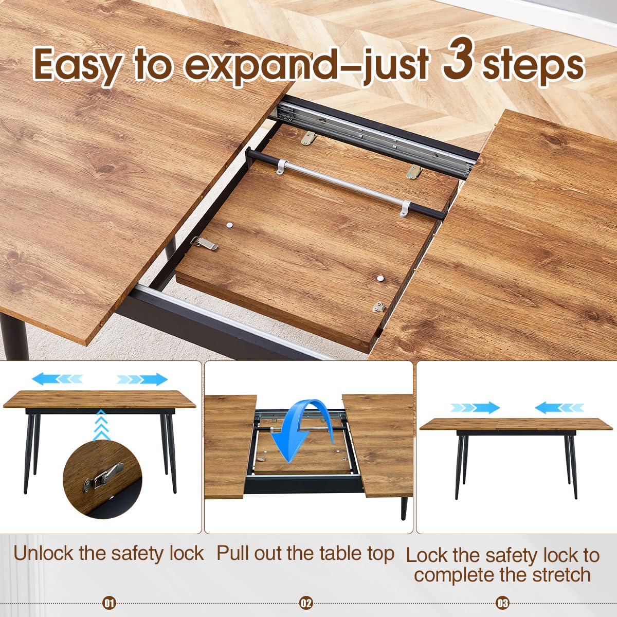 Rejeke 59"-75" Extendable Dining Table Set for 6,Wood Dining Room Table Set for 6,Mid Century Rectangular Kitchen Table with 6 Upholstered Chairs for Home (Easy Assembly,Space-Saving)