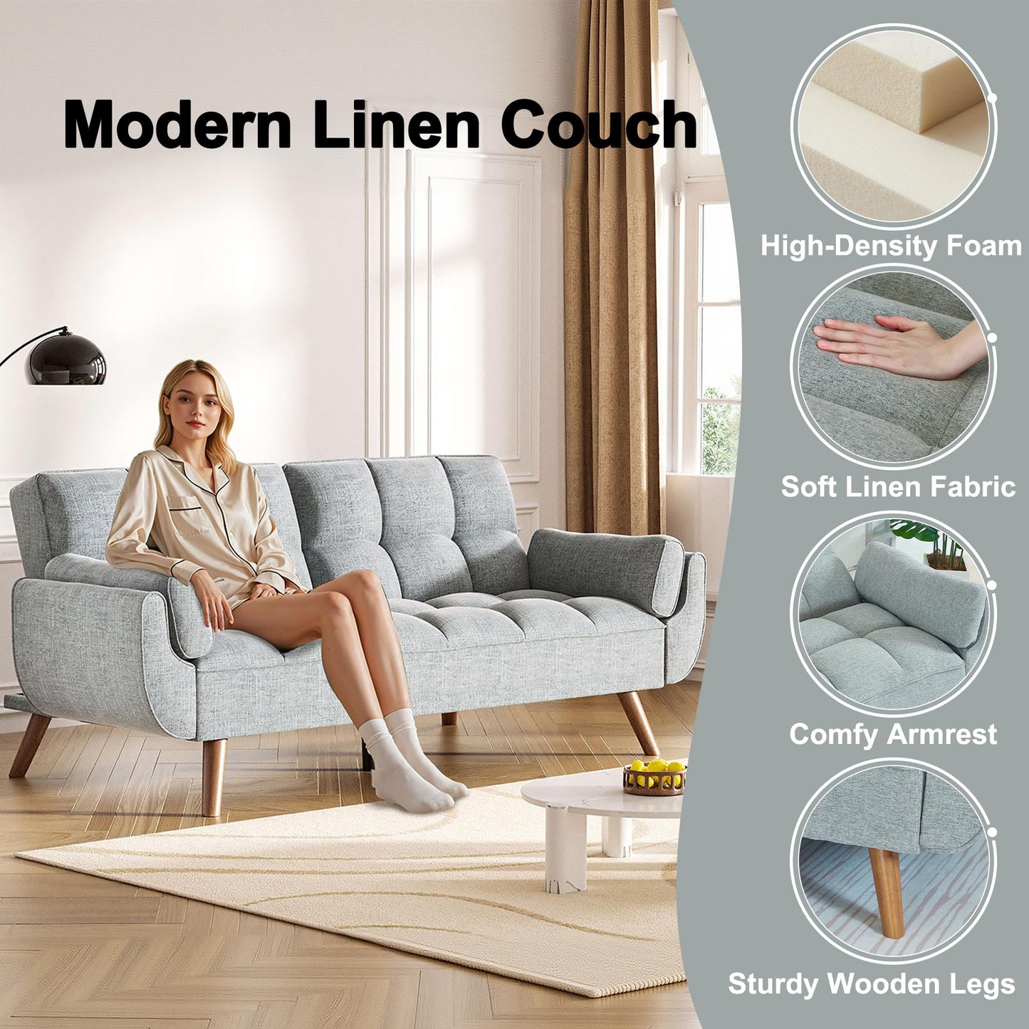 usihxjg 75.4″ Futon Sofa Bed - Convertible Sleeper Couch with Adjustable Backrest, Comfy Loveseat for Small Spaces, Living Room, Bedroom - Grey