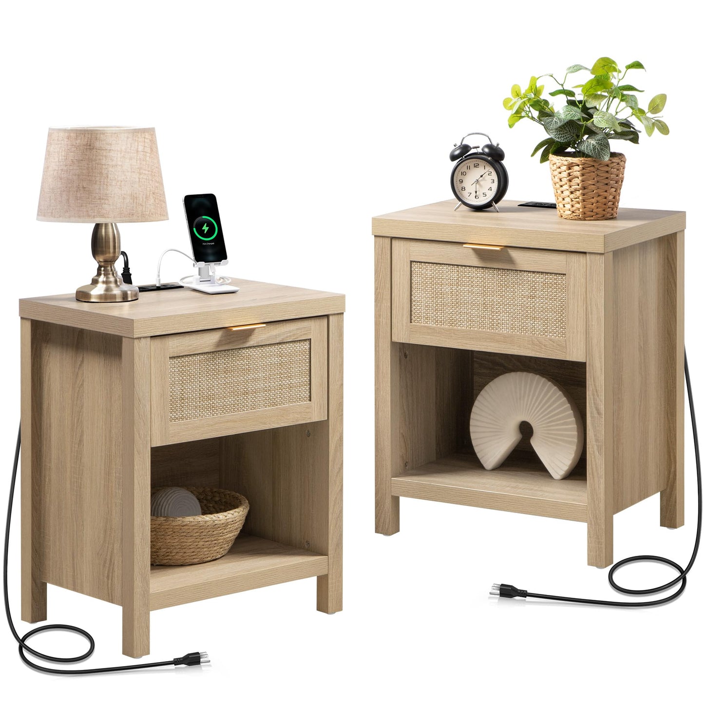 SICOTAS Night Stand Set of 2 with Charger Station Rattan Nightstands with Drawer Farmhouse Bedside Table with USB and Type-C Ports Boho End Side Table for Bedroom Small Space, Light Oak