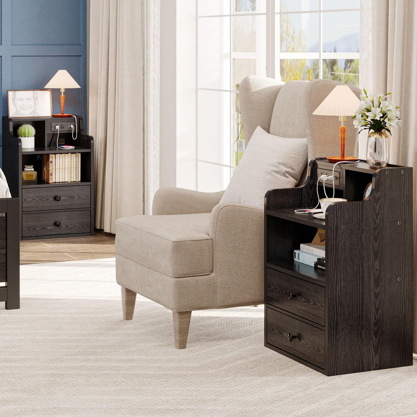 LIKIMIO Black Nightstand with LED Charging Station 2 Drawers and Storage Shelves, Left and Right Interchangeable Sockets Bed Side Table Night Stand with Drawer