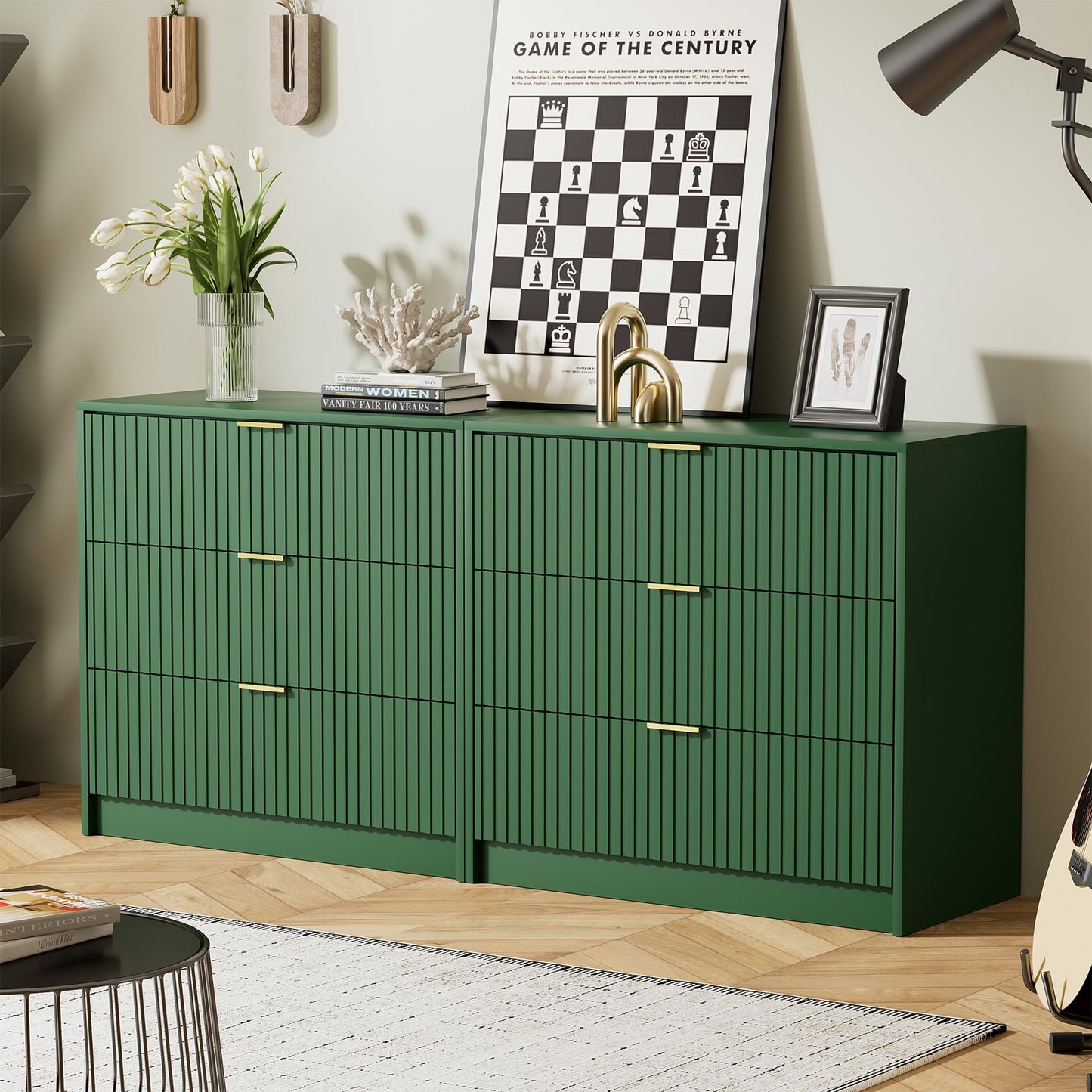 Furniway Green Dresser for Bedroom, Modern Dresser with 3 Drawers and Smooth Slides, Wide Chest of Drawers with Golden Handles for Bedroom, Living Room, Closet, 15.7" D x 31.5" W x 29.6" H