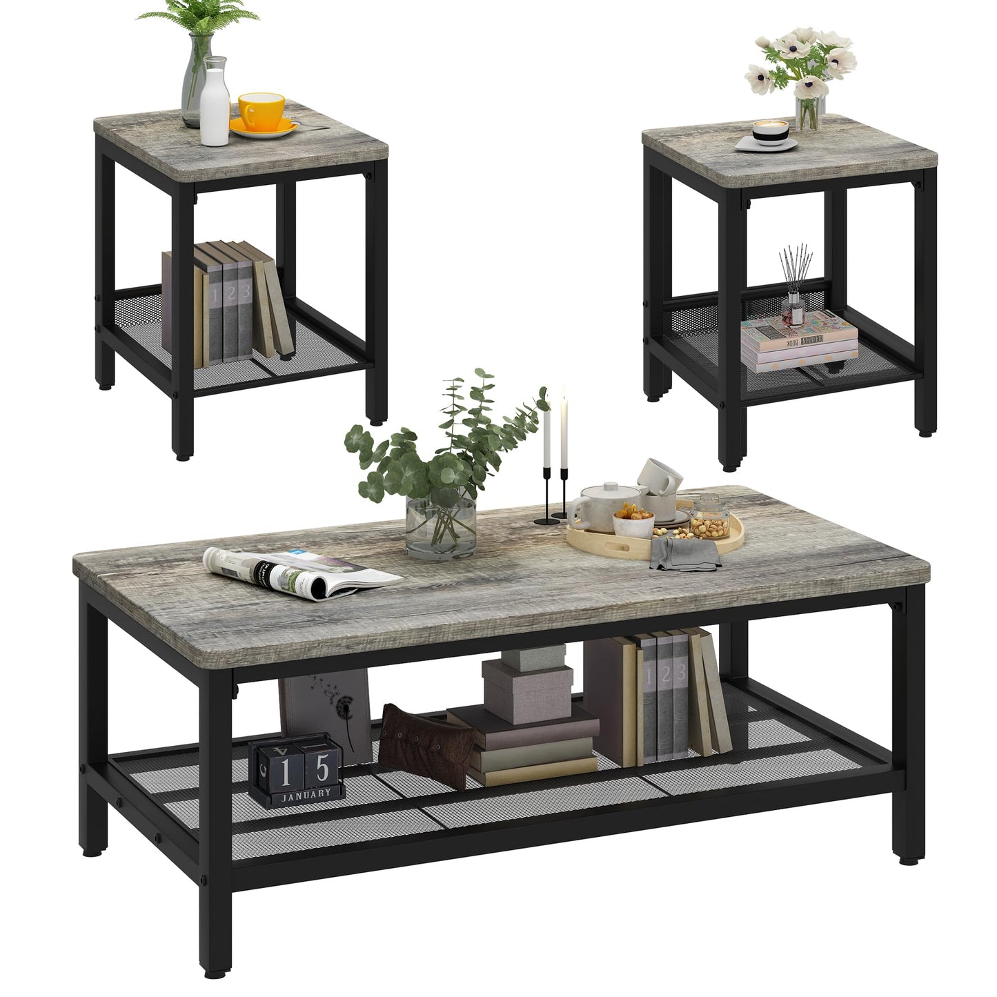 Lamerge 3 Pieces Living Room Table Set, Industrial Coffee Table with 2 Square End Side Tables, Coffee Table Set with Metal Frame for Apartment Home Office (Grey)