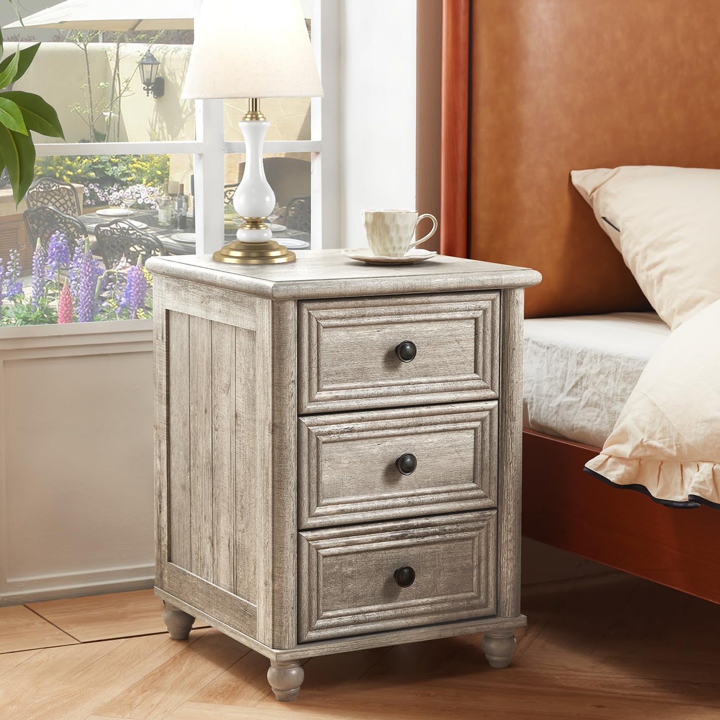 RWYHG 18" Farmhouse Night Stand Set of 2, Gray Wood Nightstand with 3 Drawers, Bedside End Table with Storage and Roman Column, Bed Side Tables Cabinet for Bedroom, Living Room, and Closet