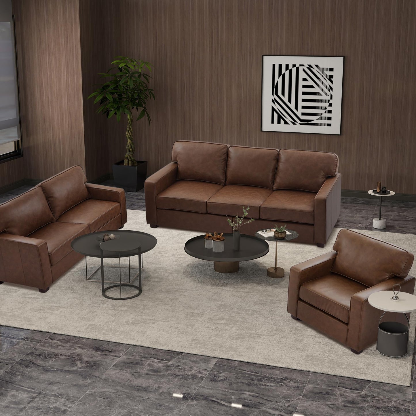 HXZDZ 83" PU Faux Leather Couch, Mid-Century Modern 3-Seat Sofa with Solid Wood Legs for Living Room, Bedroom, Office, Brown