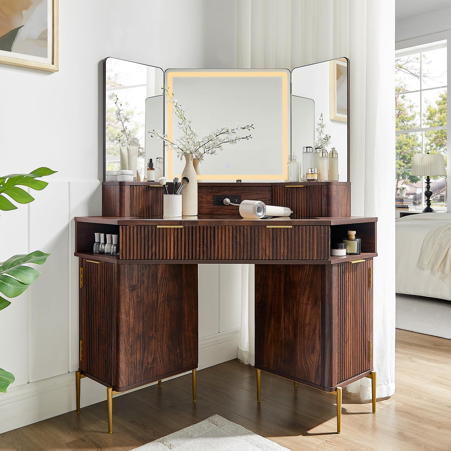 T4TREAM 48" Fluted Makeup Vanity Desk with HD Triple Mirror and Lights, Large Lighted Corner Vanity with Glass Top, Modern Dressing Table with 3 Drawers & 2 Cabinets for Bedroom, Walnut