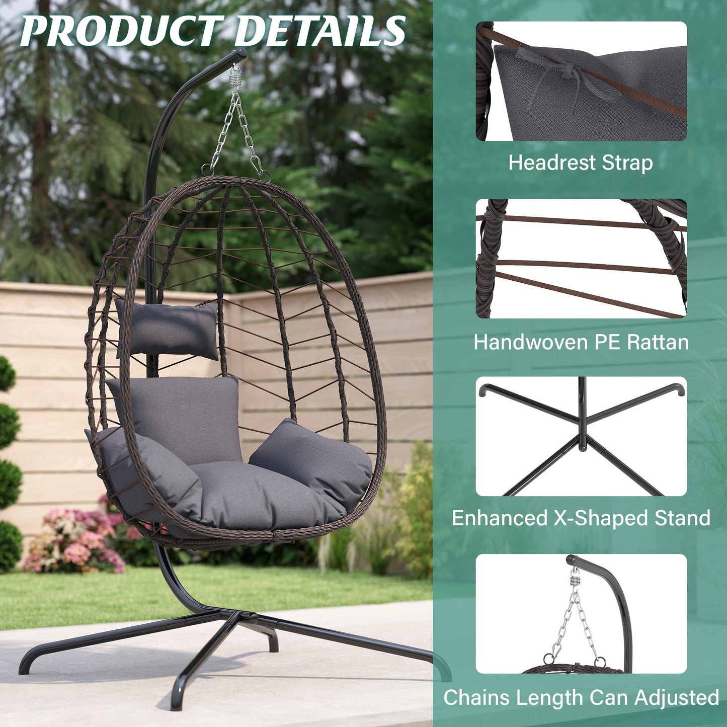 LEX CRAFT Hanging Egg Chair with Stand, Swinging Egg Chair Outdoor Indoor, Hanging Basket Chair with Cushion, Patio Wicker Hammock Chair 350lbs Capacity for Bedroom, Balcony, Backyard, Garden (Grey)