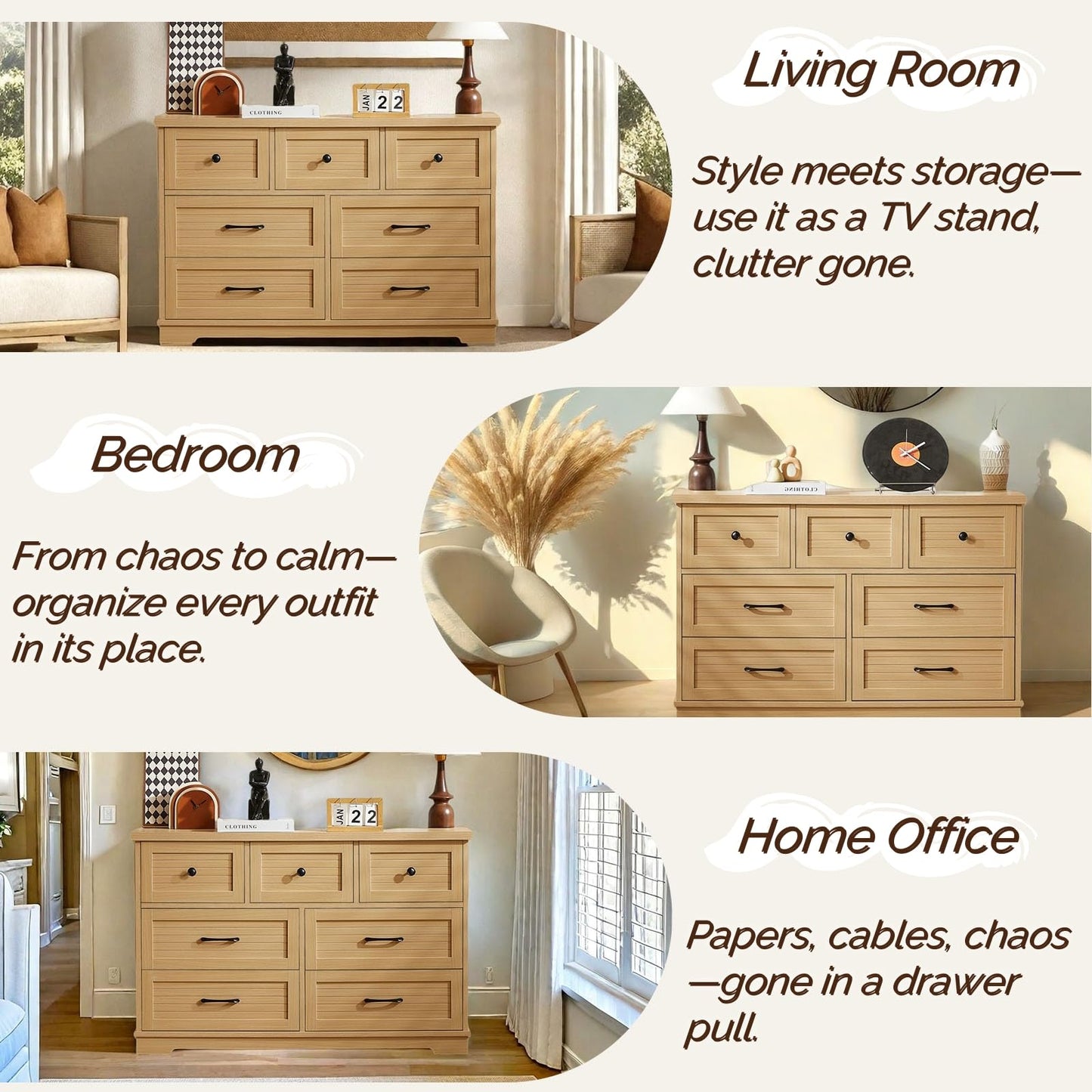 SILUMIN Dresser for Bedroom with 7 Drawers, Wide Wood Chest of Drawers, 47" Dresser Storage Organizer, Modern Wooden Dressers for Bedroom, Living Room, Hallway, TV Stand, Office & Entryway
