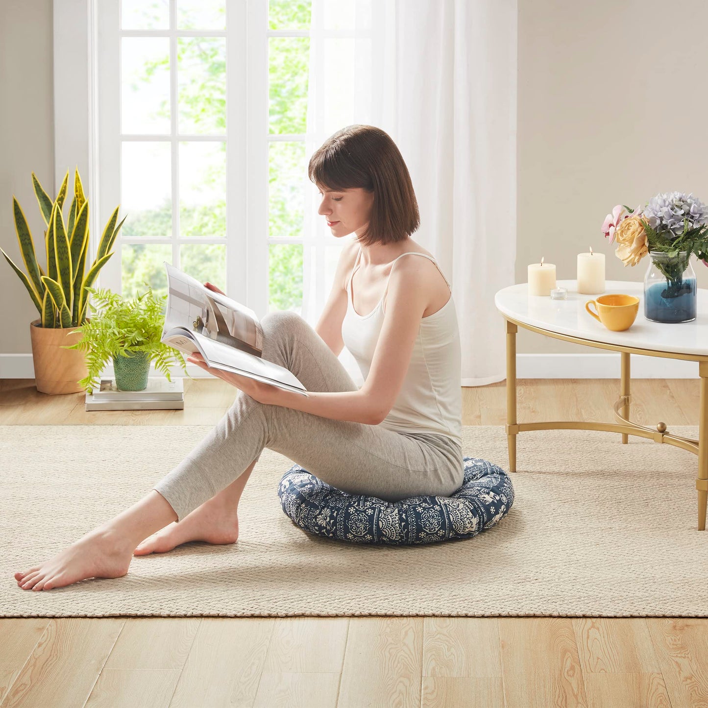Codi Meditation Floor Pillow, Boho Pillows Seating for Adults and Kids, Large Round Cushion for Yoga Living Room Tatami Sitting, Memory Foam Added, 22x22 Inch, Indigo Elephant