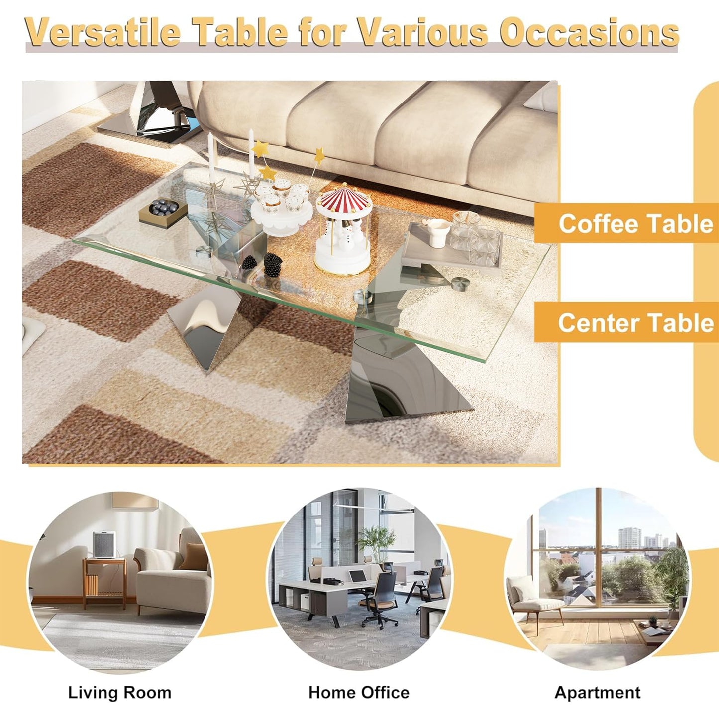 Anewsun Silver Coffee Table, Clear Tempered Glass Coffee Table with Waved Legs in Mirrored Silver Stainless Steel Finish, 48'' Glam Tea Table for Living Room, Apartment, Office