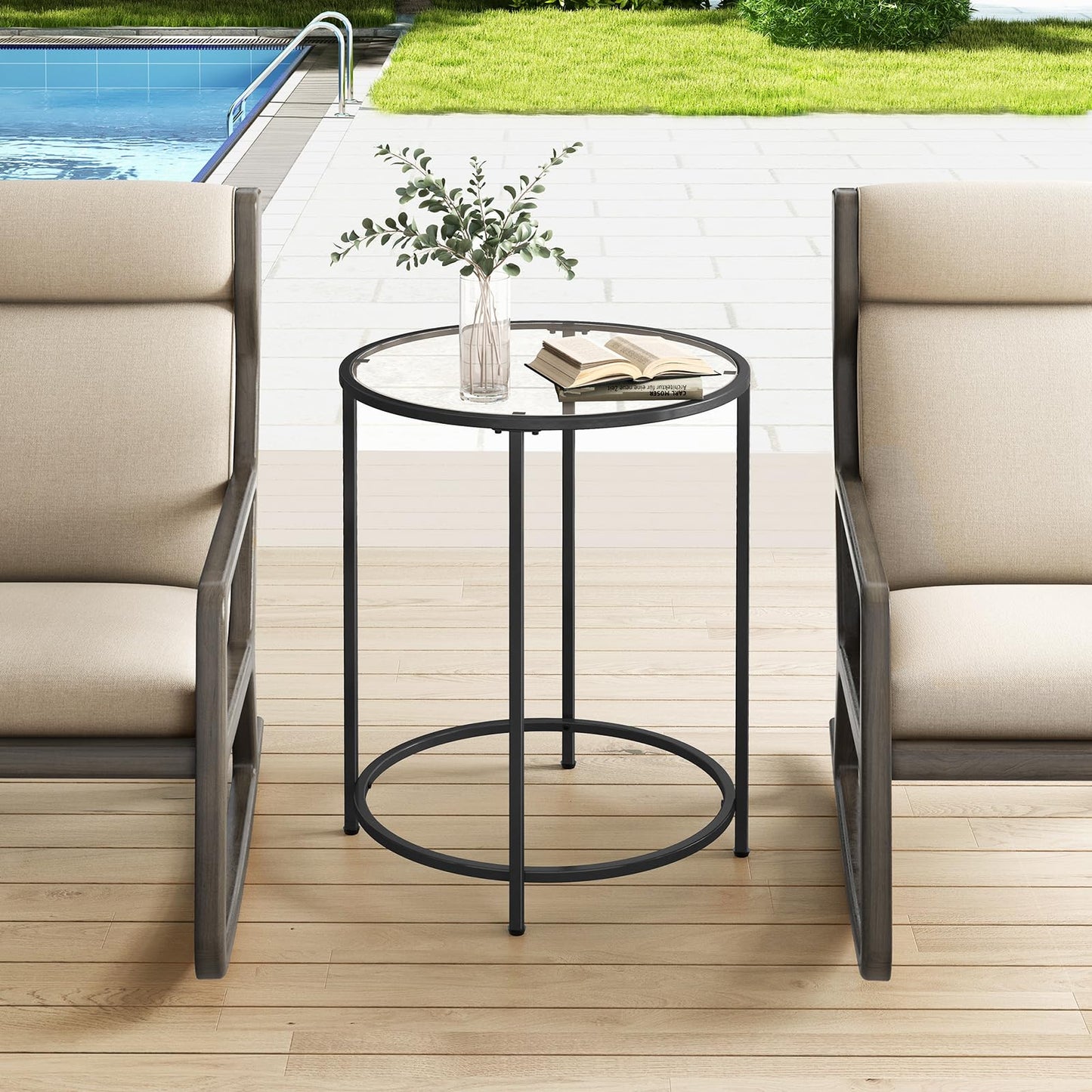 Livofloral 19.7’’ Round Glass End Table, Round Bedside Table with Tempered Glass Top, Black Glass Side Table with Metal Frame, Modern Round End Table for Living Room Balcony Bedroom Porch Patio
