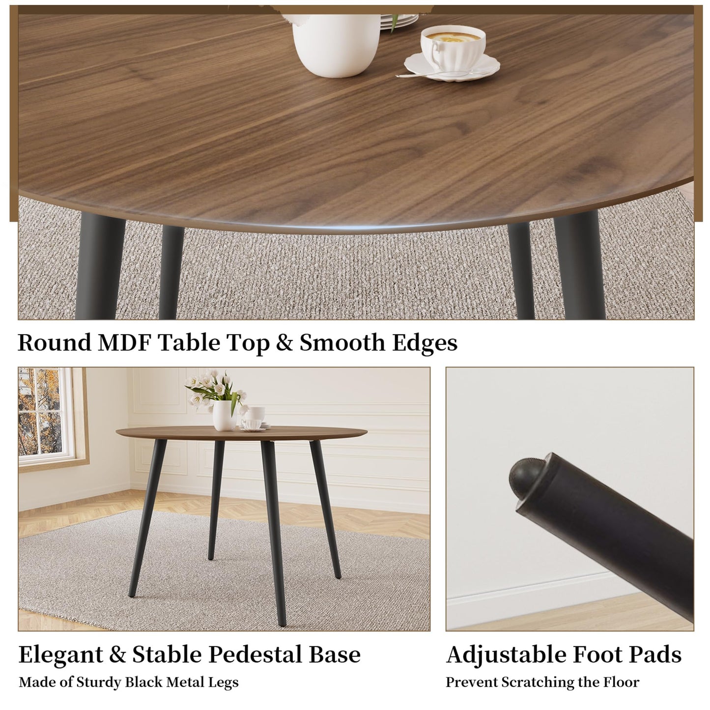 HIPIHOM 43.3 Inch Round Dining Table Set for 4, Modern Small Kitchen Coffee Set for Dining Room Kitchen Apartment (Walnut Table + 4 White Shell Chairs)