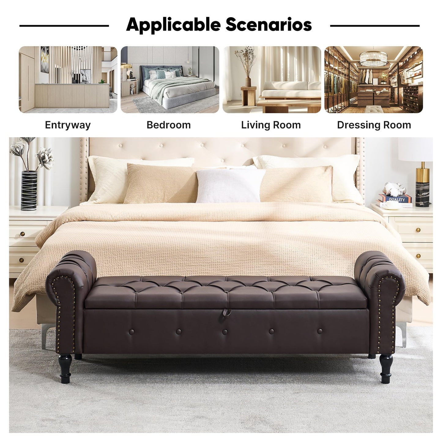 HOMYKA Storage Bench for Bedroom, 67" End of Bed Bench, Faux Leather King Size Bench with Rolled Arms, Tufted Button Ottoman Benches, Upholstered Bench for Bedroom, Living Room, Entryway, Dark Brown