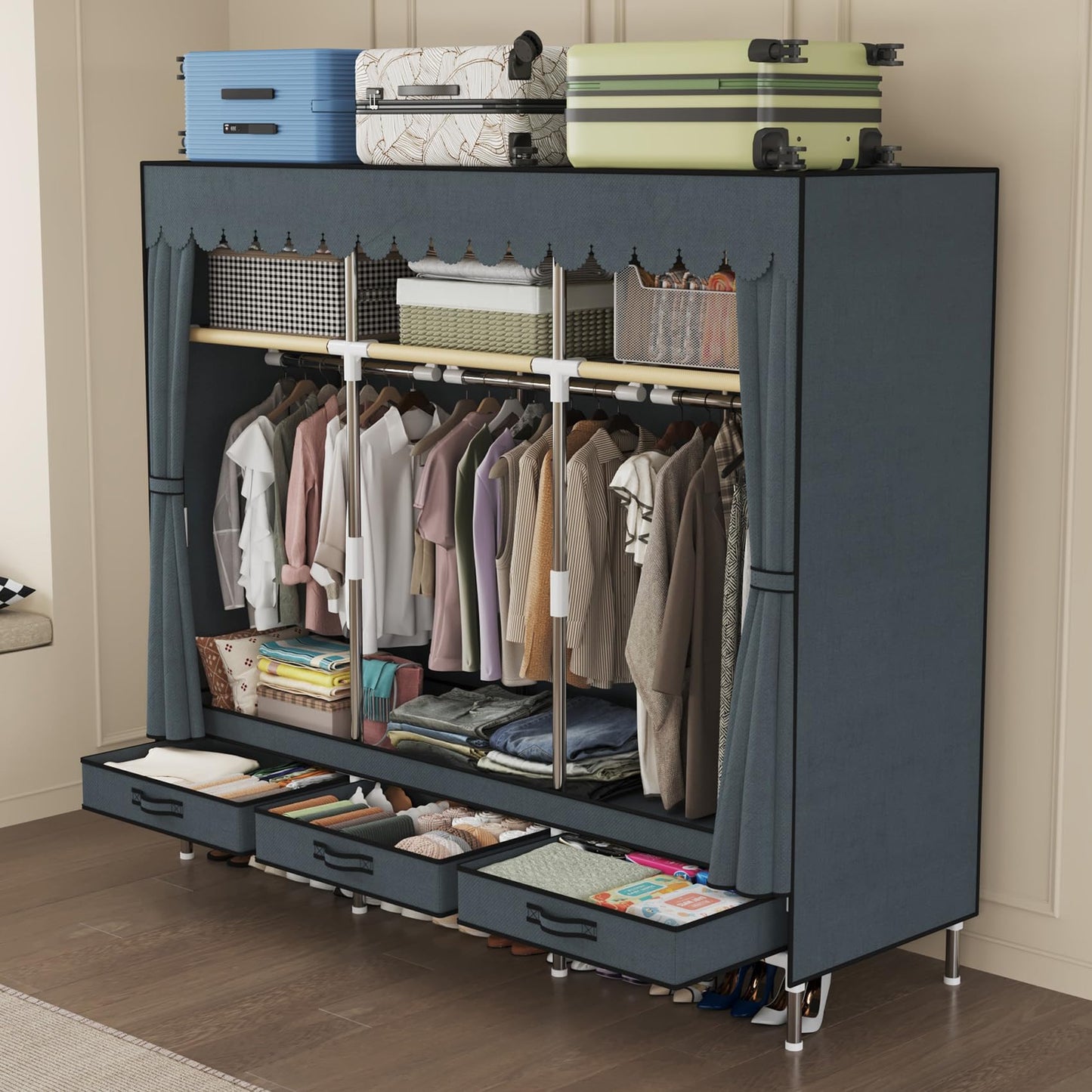 LEAIJIAFY Portable Wardrobe, Freestanding Closet Hanging Organization, Metal Frame with Gray Fabric Cover, 3 Storage Compartments, 3 Hanging Rods, 3 Drawers.