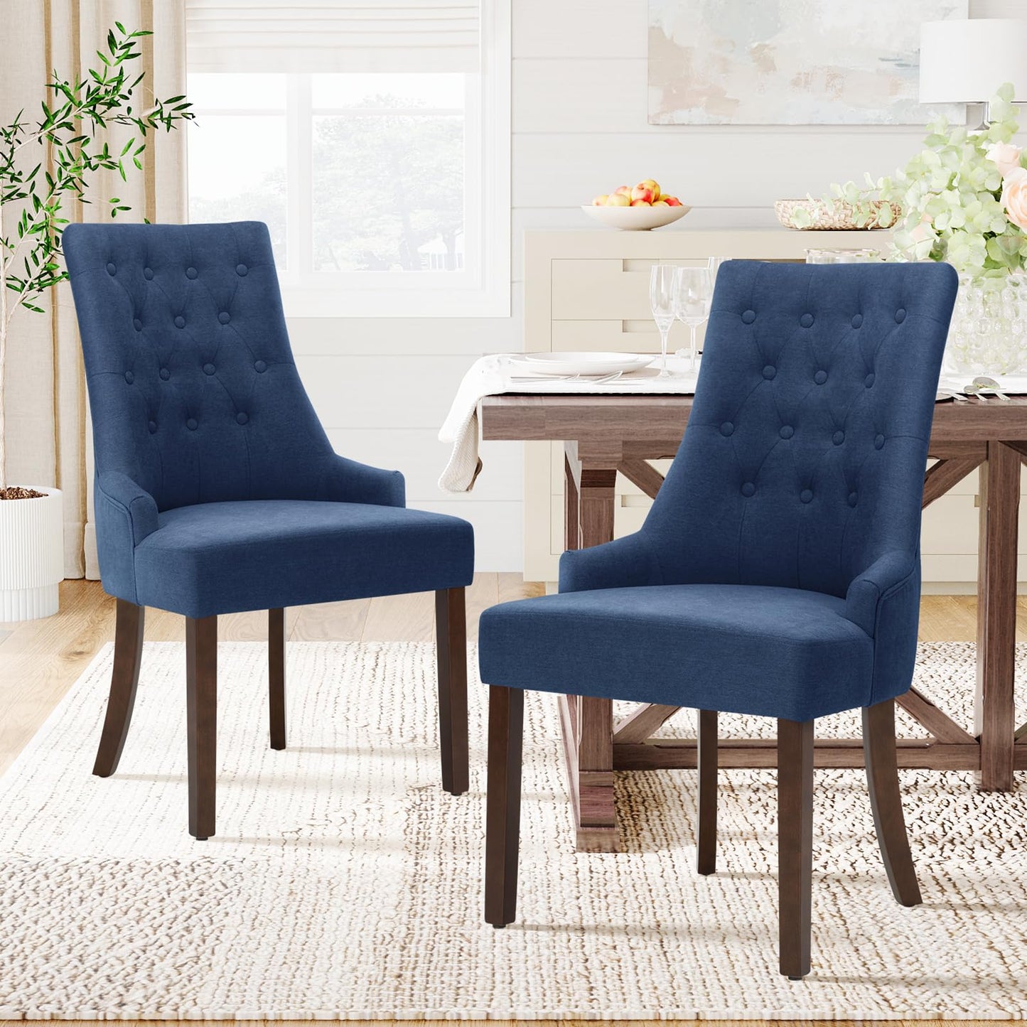 COLAMY Wingback Upholstered Dining Chairs Set of 6, Fabric Dining Room Chairs with Tufted Button, Living Room Chairs for Home Kitchen, Blue
