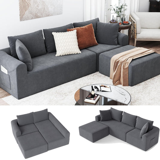Cloud Sectional Couch with Ottoman, Modern L-Shaped Modular Sectional Sofa with Chaise Corduroy Boneless Couches for Living Room Bedroom Apartments, Stain-Resistant Fabric & Free Assembly, Grey