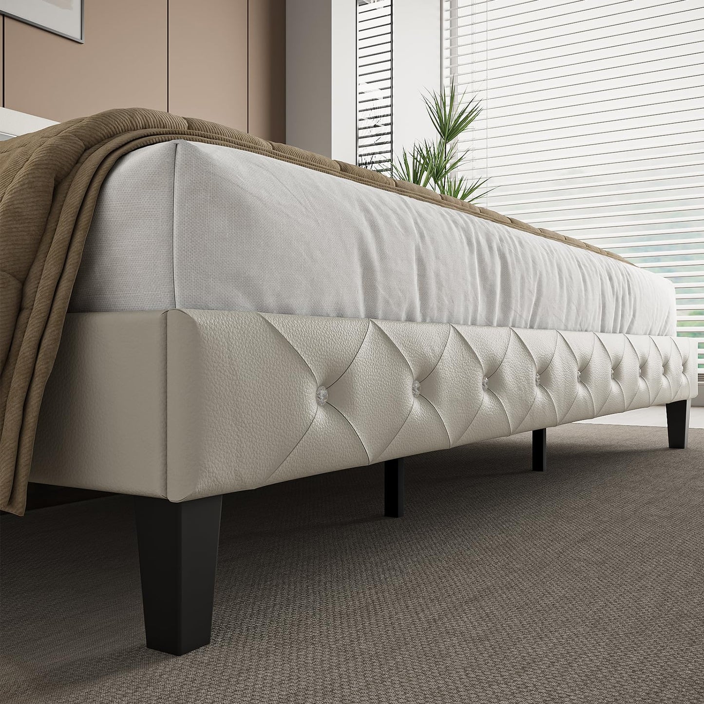 Benevika King Size Bed Frame with LED Lights, Upholstered Platform Bed Frame, Adjustable Headboard with Charging Station, Wooden Slats Support, Easy Assembly, No Box Spring Needed, White