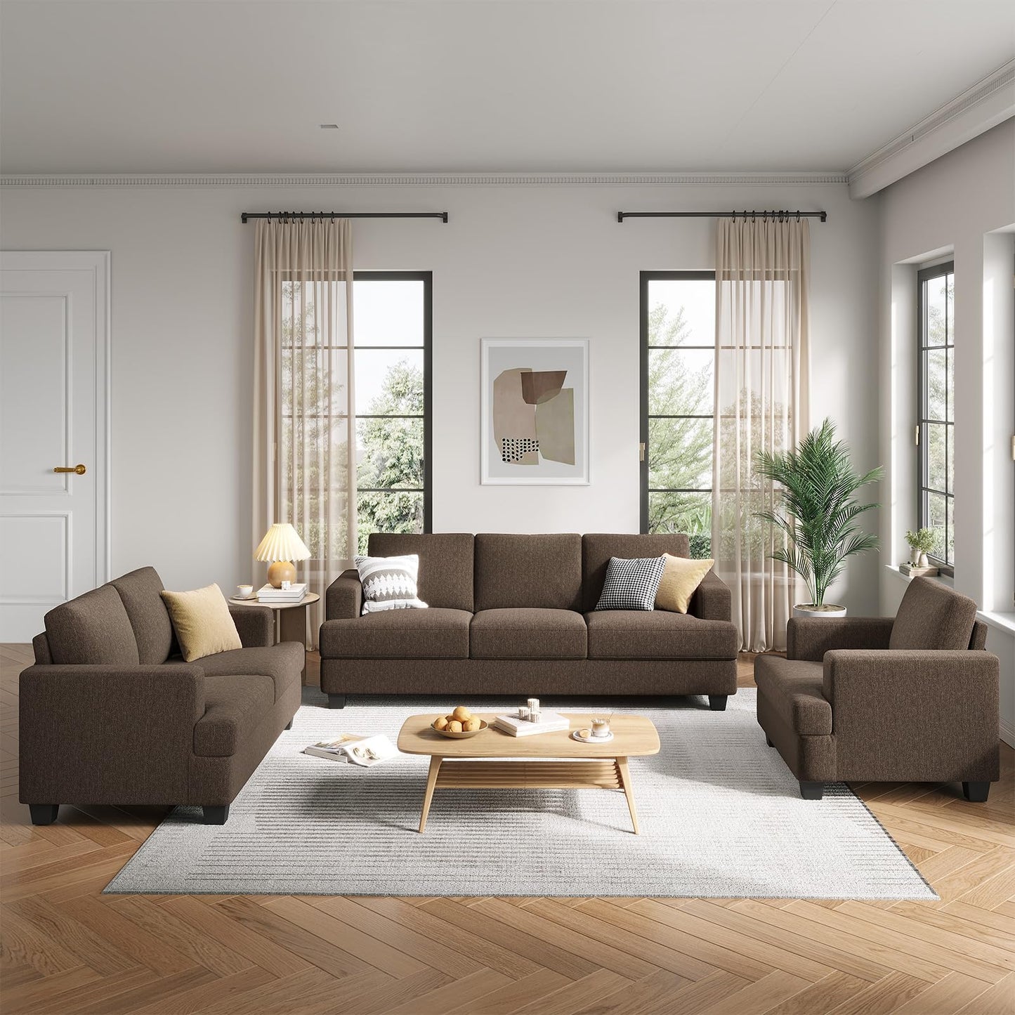 COPIAE 84 Inch Sofa with Extra Deep Seats Oversize, Linen Fabric 2 Seater Sofa for Living Room,Modern Couch and Loveseat, Comfy Armrests and Seats and Backrests, Easy Installation, Brown