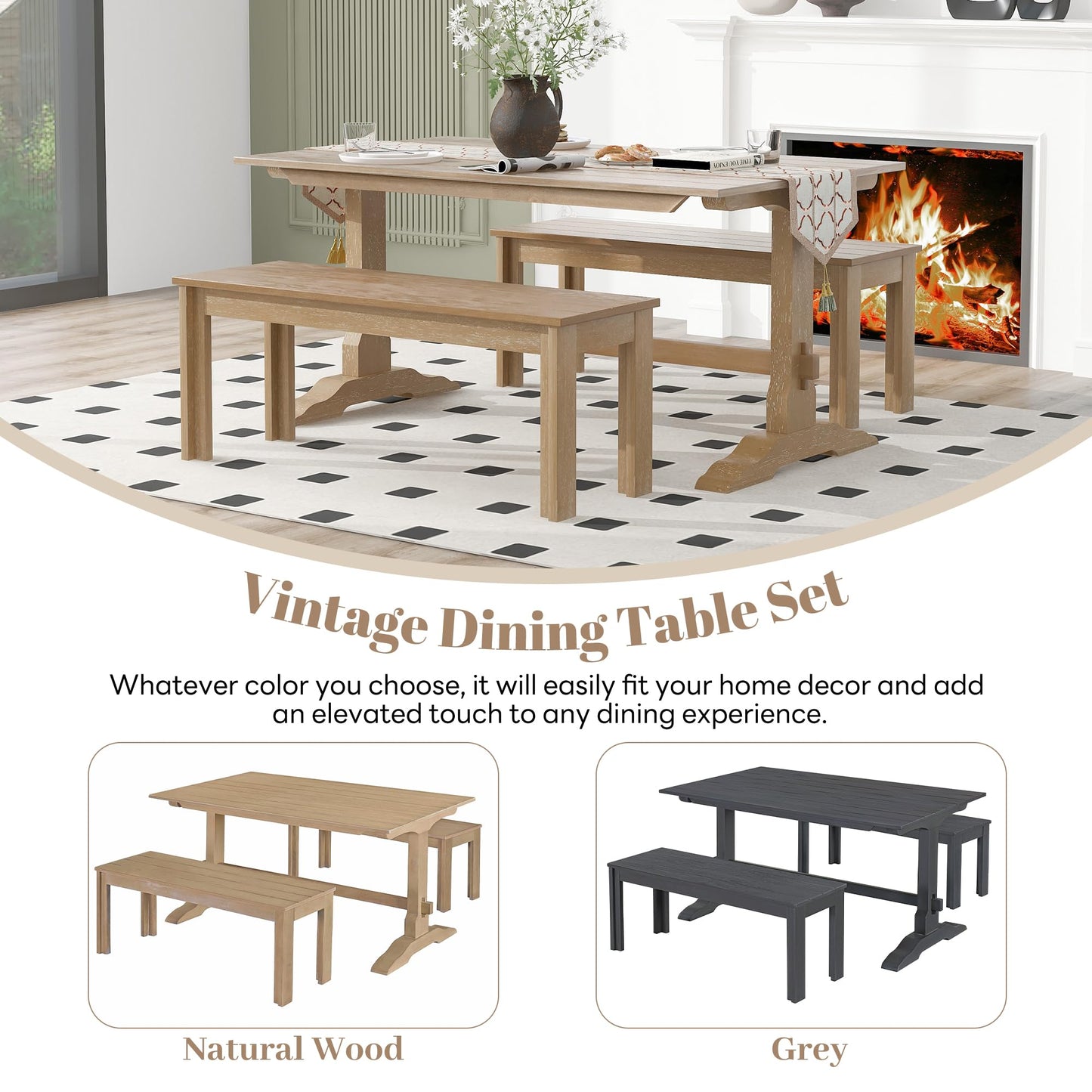 Harper & Bright Designs 3 Pieces Dining Table Set with Bench, Retro Rectangular Trestle Table and 2 Wood Benches for 4 People for Dining Room and Kitchen (Natural Wood)