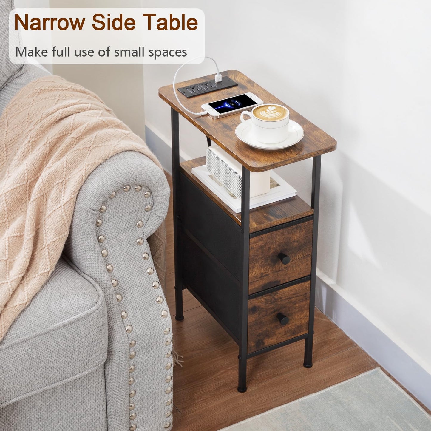 LOAKEKEL Narrow End Tables Living Room Set of 2 with Charging Station, Skinny Side Table with Fabric Drawers, Slim Nightstand for Bedroom, Small Spaces, Couch, Brown, HETNDP02BR