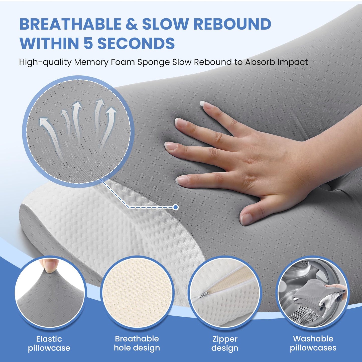 JINXIA Cervical Neck Pillow for Sleeping, Odorless Memory Foam Pillows & Cooling Cover, Ergonomic Orthopedic Neck Support Pillow for Side Back Stomach Sleepers, Neck and Shoulder Pain Relief, Gray