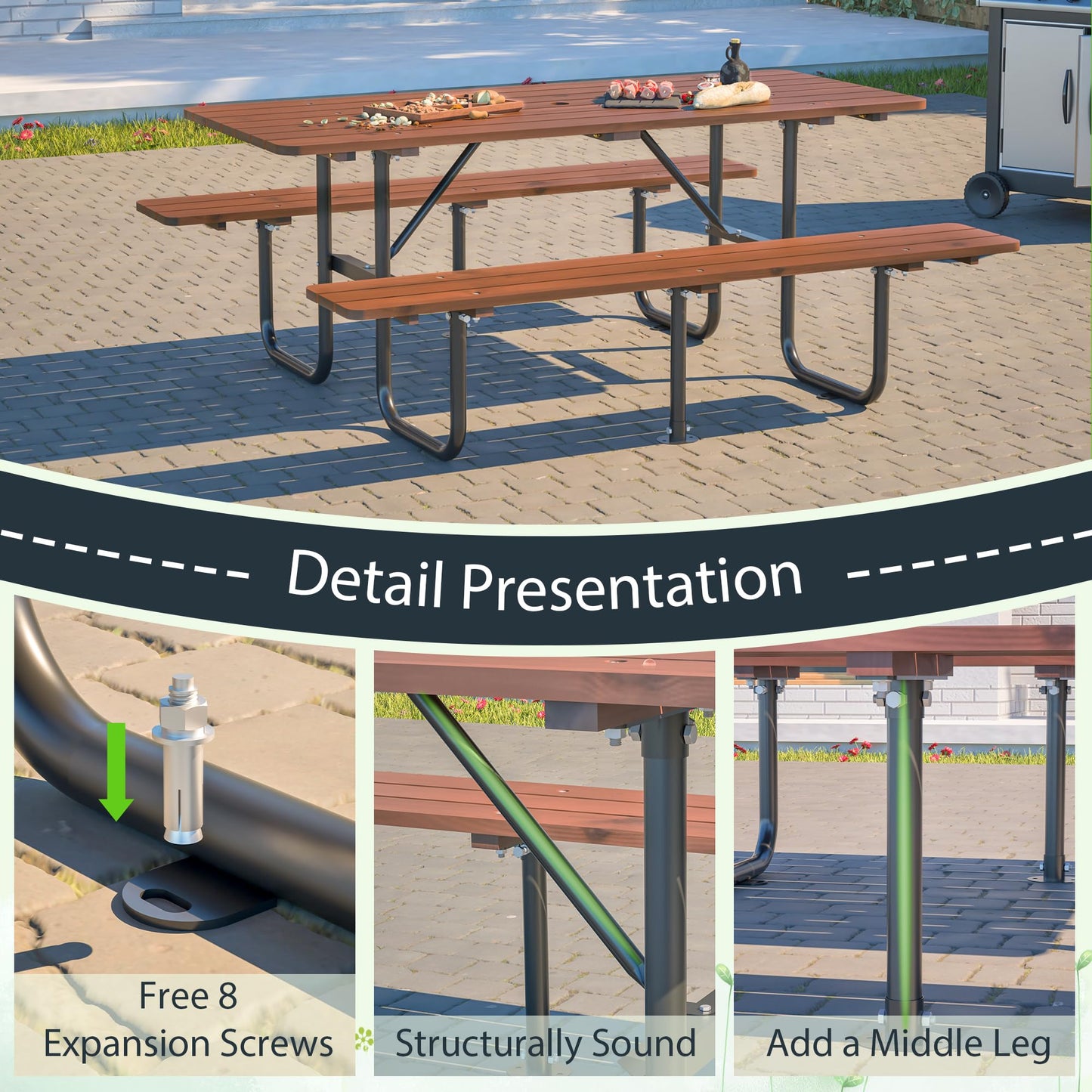DOPERFE 72" Wooden Picnic Table, Picnic Table with Benches, Steel Frame with Umbrella Hole 1.97" for Patio Party Barbecue Party (Brown + Black, 72")