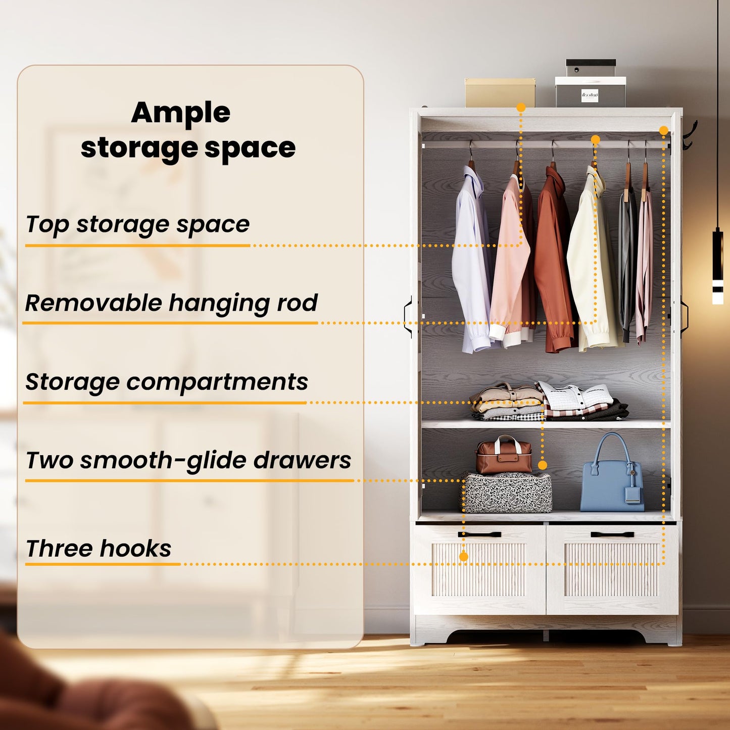 ANCTOR Armoire Wardrobe Closet, 71" H Wooden Clothing Storage Cabinet with 2 Doors and 2 Drawers, Bedroom Freestanding Wardrobe Combination with Hanging Rod and Adjustable Shelves, White