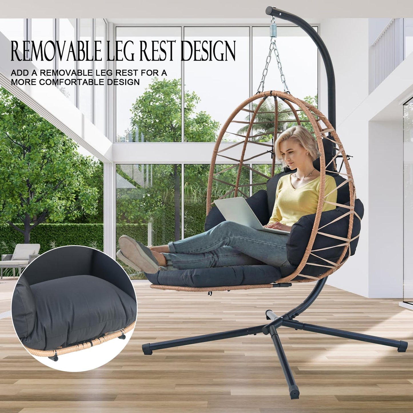 Hanging Egg Chair with Stand & Leg Rest,Rattan Wicker Swing Chair with Cushion, Patio Basket Hanging Chair Wicker Hammock Chair for Indoor Outdoor Bedroom Garden,300LBS (Yellow Rattan&Black Cushion)