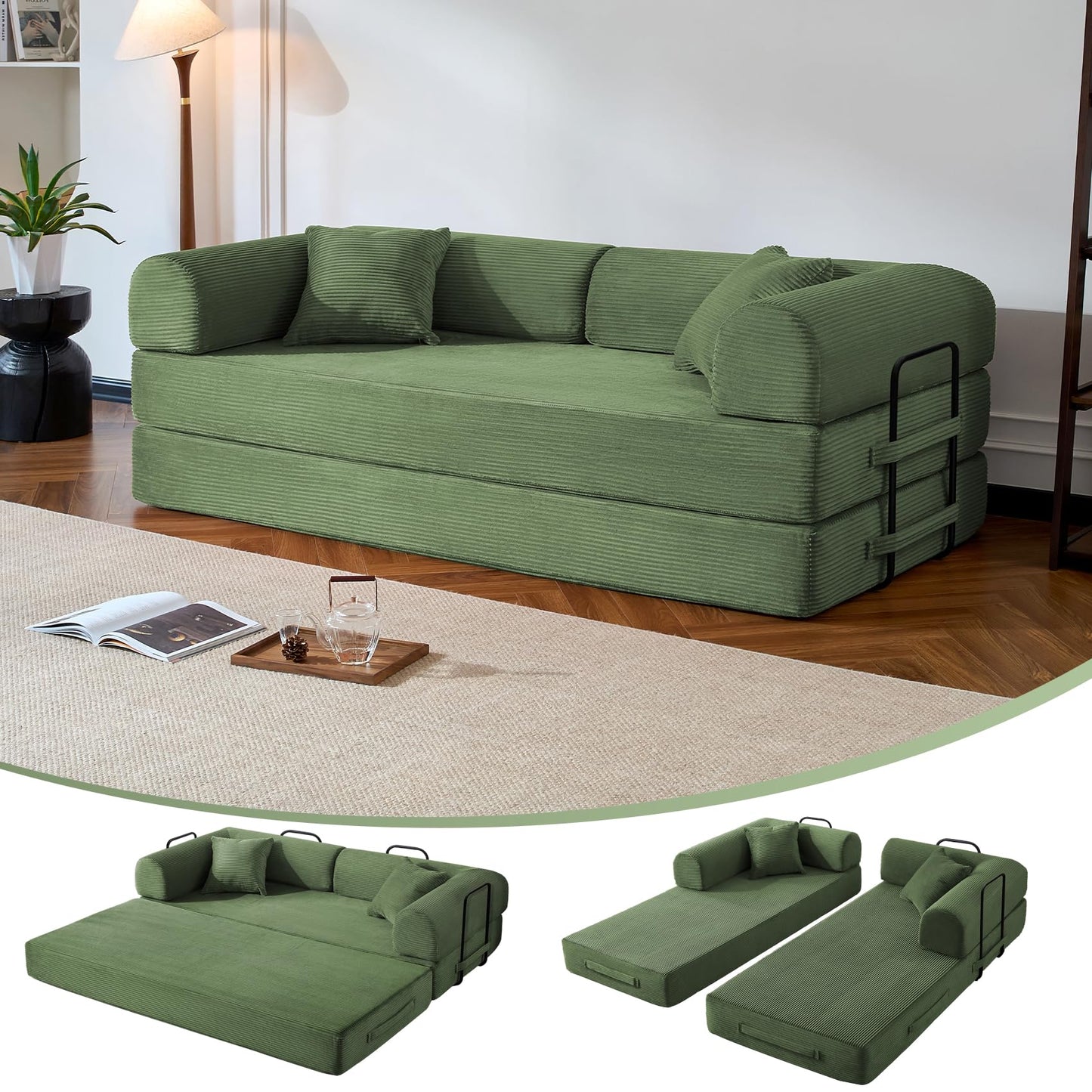 NNQ Compressed Sofa - Convertible Sofa Bed, Corduroy Compression Boneless Couch in a Box, Comfy Modular Foldable Floor Sleeper Sofa for Bedroom, Living Room (Corduroy Fabric, Olive Green)
