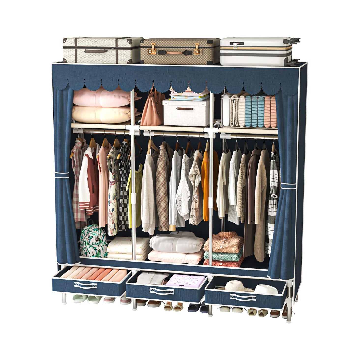 LEAlJlAFY Portable Blue Freestanding Armoire Wardrobe Closet with 3 Drawers,Modern Large Bedroom Metal Clothing Wardrobe Storage Racks for Hanging Clothes,Strong and Sturdy,for Home Small Room