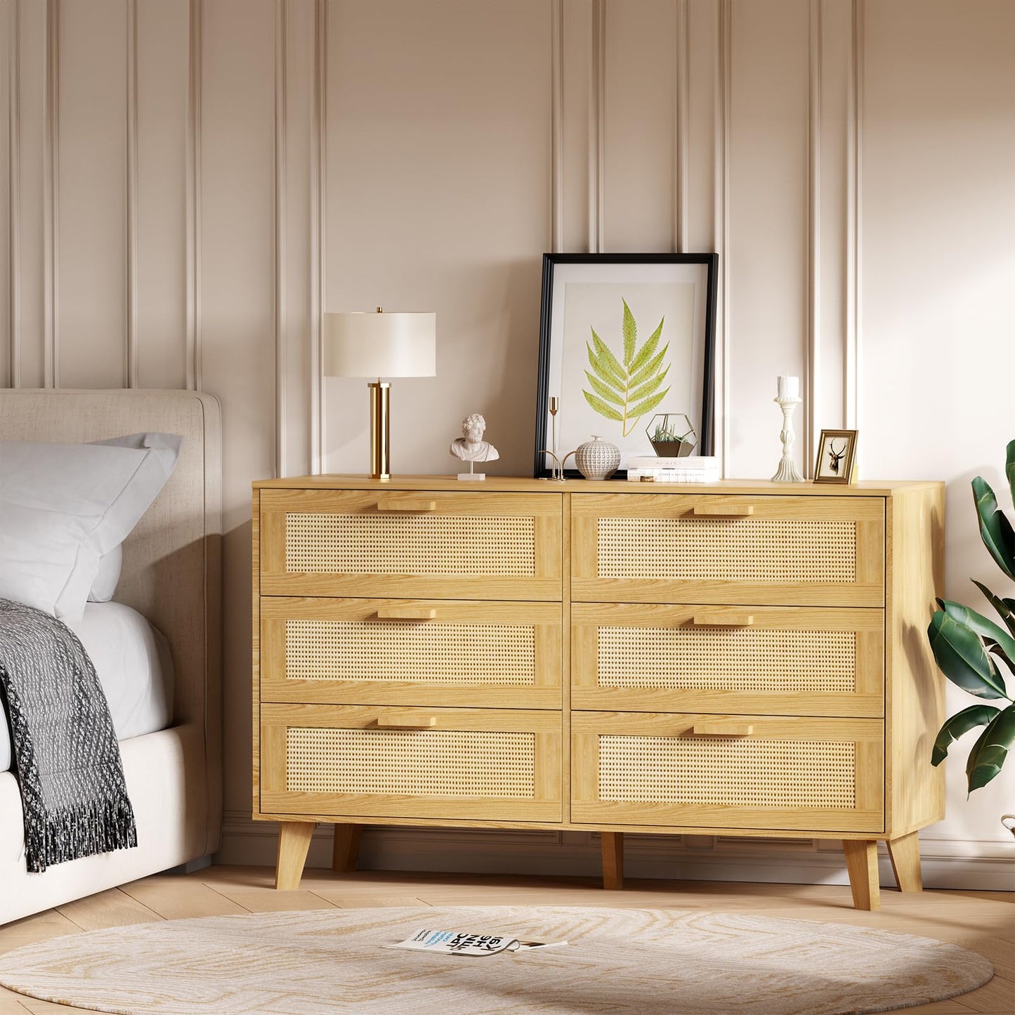XDliv Wide Rattan Dresser, 6 Drawer Dressers Bedroom Furniture Large Storage Tower Unit, Wood Chest of Drawers for Bedroom, Closet,Hallway