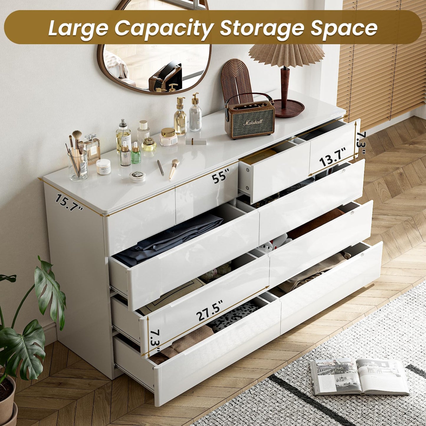 ZORPLIX 10 Drawer White Dresser for Bedroom, 55" Long Dresser Chest of Drawers,Large High Gloss Modern Storage Cabinet with Big Drawers Handle Free,Living Room, Entryway, Hallway