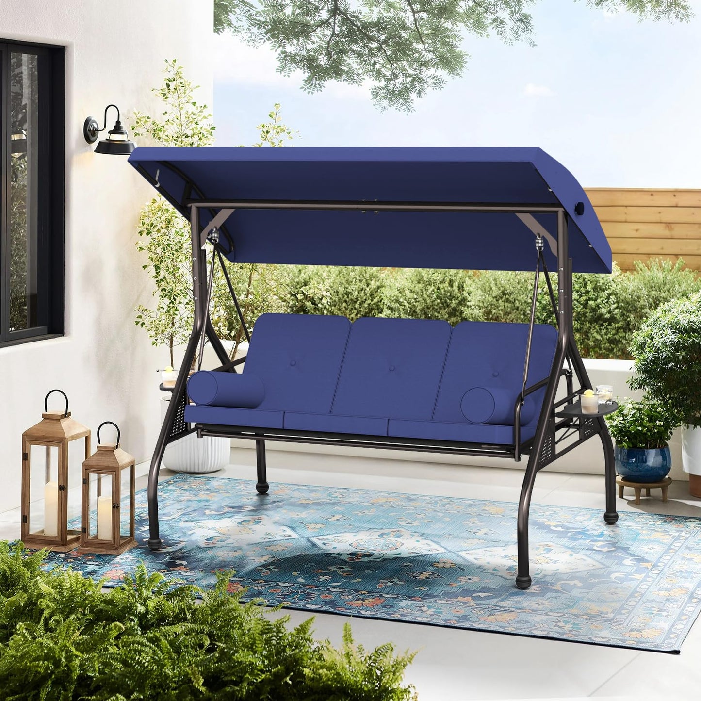Oakcloud 3-Seat Outdoor Porch Swing with Adjustable Canopy, Large Converting Swing Chair, Patio Swing Glider with Pillows & Thick Cushions for Poolside Balcony Backyard (Blue)