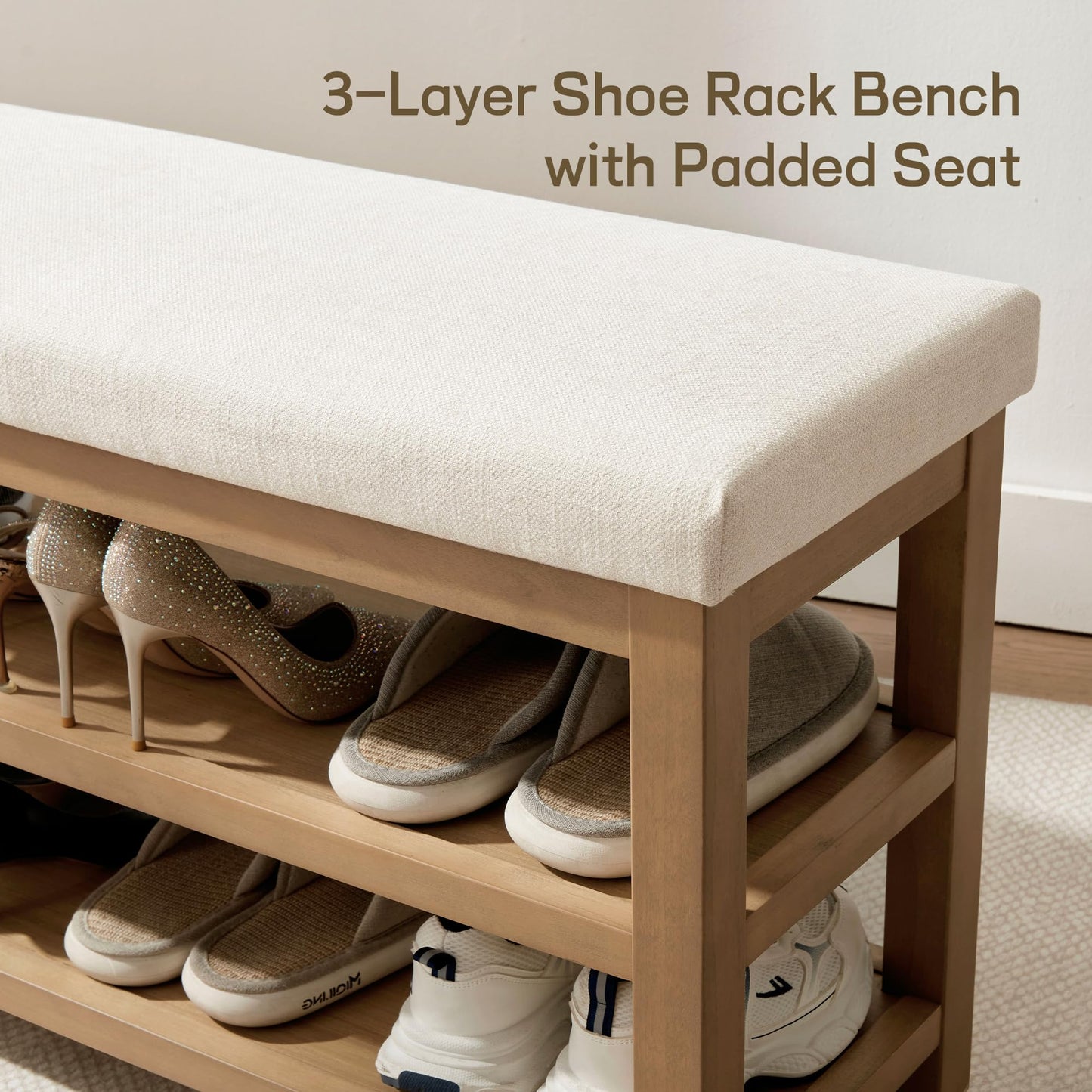 Zihanhome 2 Tier Shoe Rack Bench with Cushion, Solid Wood Shoe Benches, Mid-Century Modern Shoe Storage Bench for Entryway, Hallway, Living Room, Closet, Front Door Entrance, (Beige, 39.4")