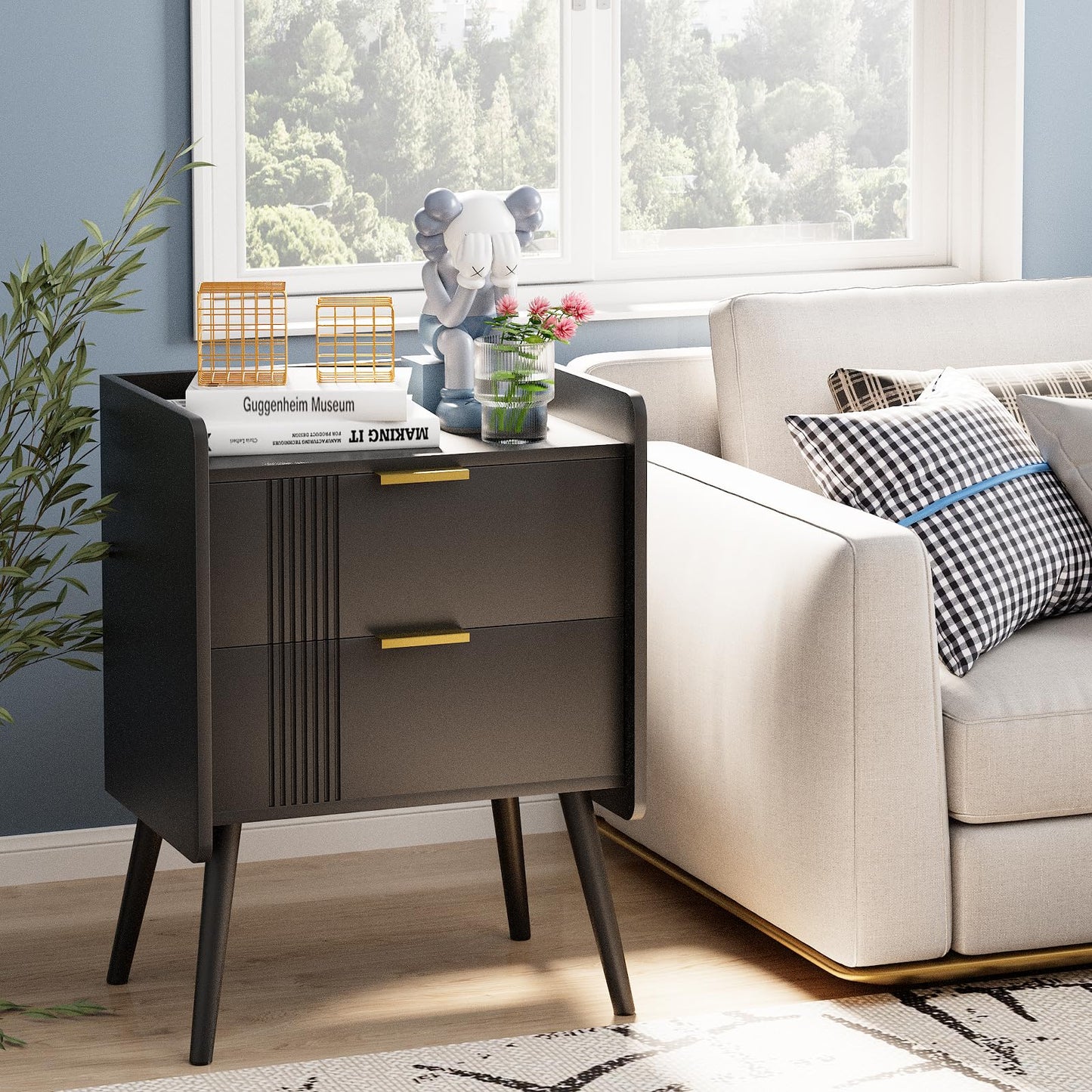 Aenuert Black Nightstand Modern Bedside Table with 2 Storage Drawer, Small Night Stand, Wooden Sofa Side Table for Bedroom, Study Room and Small Spaces