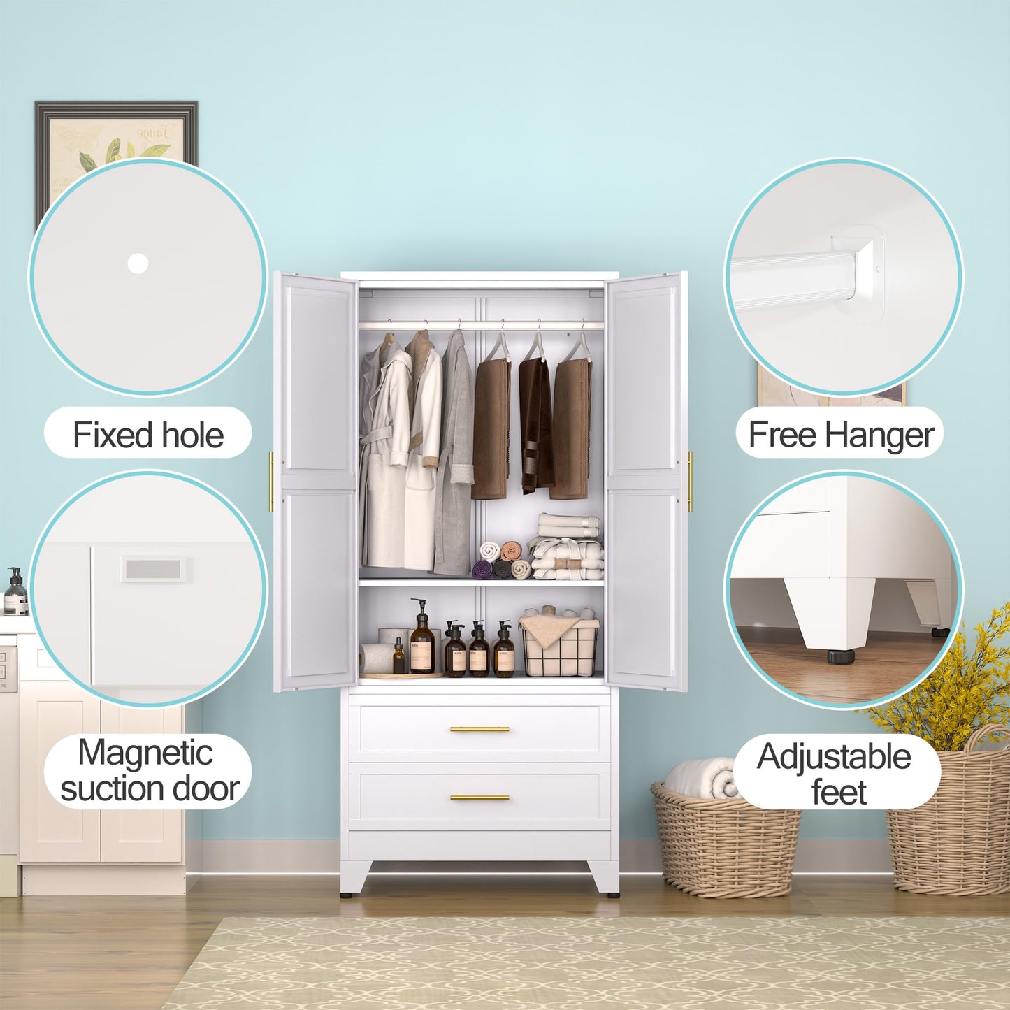 erosoei Metal Armoire Wardrobe Closet, 71 "Metal Clothing Storage Cabinet with Adjustable Shelves and Hanging Rod, Household Steel Wardrobe Storage Cabinet with Drawers (armoire-White)