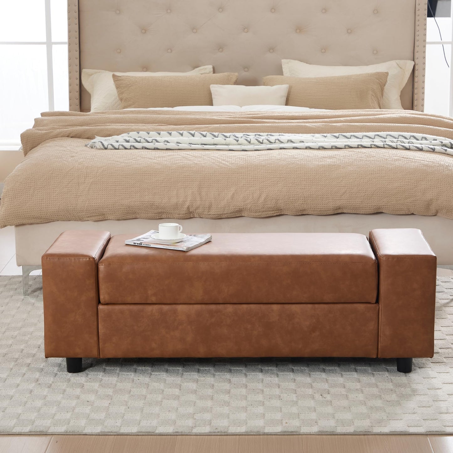 Janoray Storage Ottoman Bench 55 Inch Upholstered Comfy PU Leather End of Bed Bench with Large Storage for Bedroom/Living Room/Entryway/Closet(Brown)