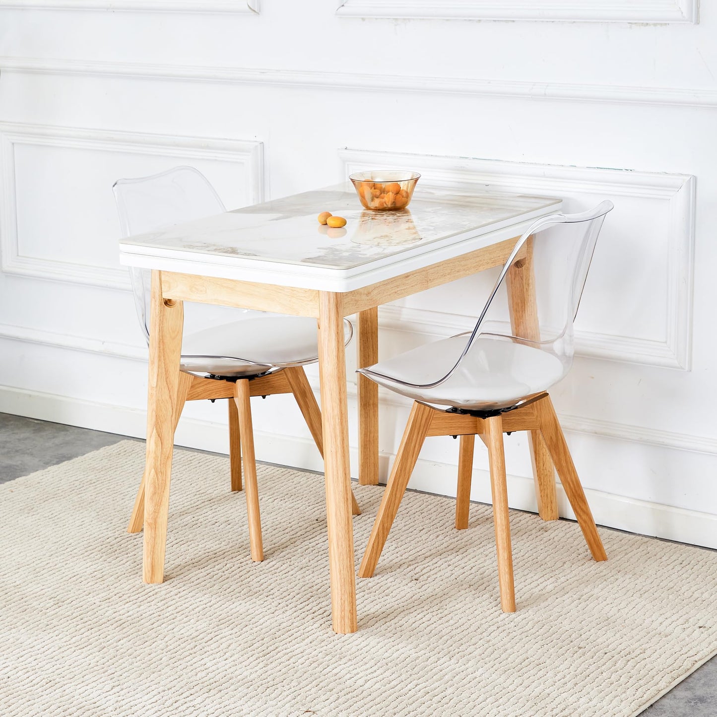 JEARGE 35-47" Marble Dining Table Set for 4, Extendable Dining Table Set for 4, Stone Table Top with Wood Stand, Small Transformer Dining Set Ideal for Small Spaces and Apartments