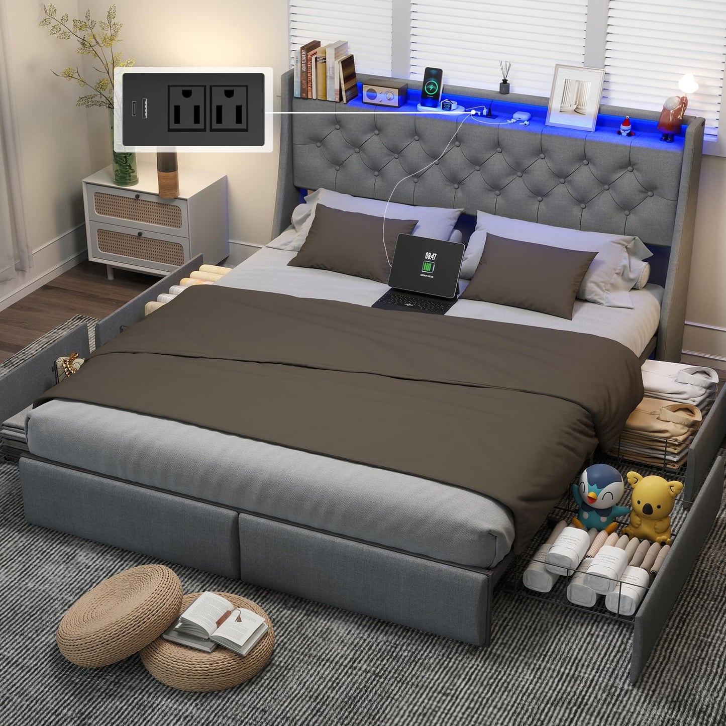 UINTAI Full Size Bed Frame with 4 Storage Drawers and LED Lights, Upholstered Platform Full Bed with Button Tufted Headboard and Charging Station, No Box Spring Needed, Easy Assembly, Gray