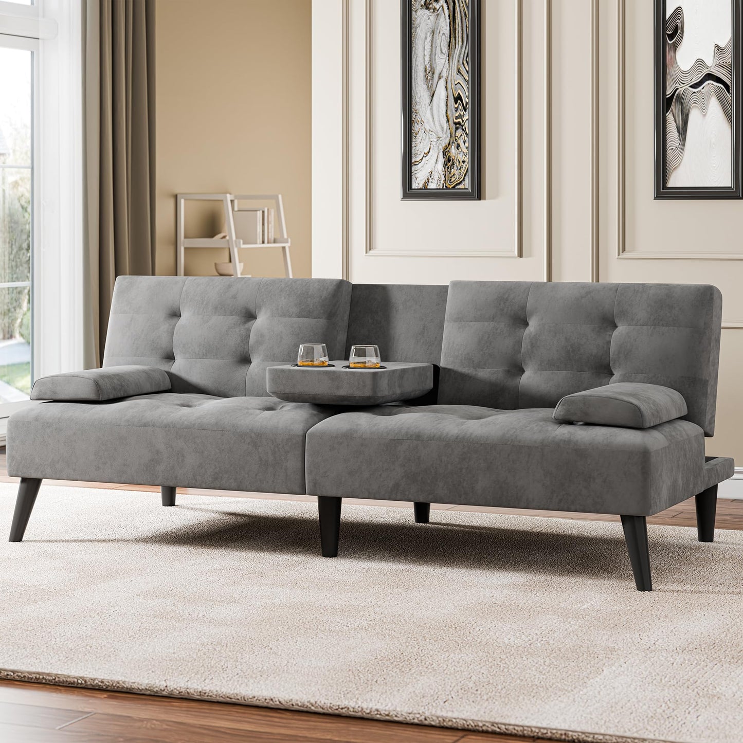 Meilocar Futon Sofa Bed Couch, Modern Convertible Sofa Couch, 64 in Adjustable Recliner Sofa Bed for Living Room, 2 Armrest Pillows, 2 Cup Holders, Dark Grey