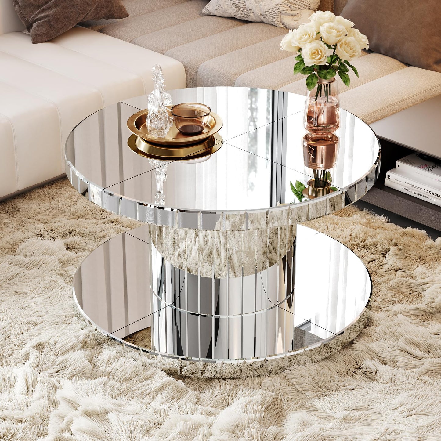 Maotifeys Round Mirrored Coffee Table with Silver Mirror Cylinder Frame, 31.5" Modern Glass Sofa Table Gorgeous Circle Mirror Center Tables for Living Room, Office