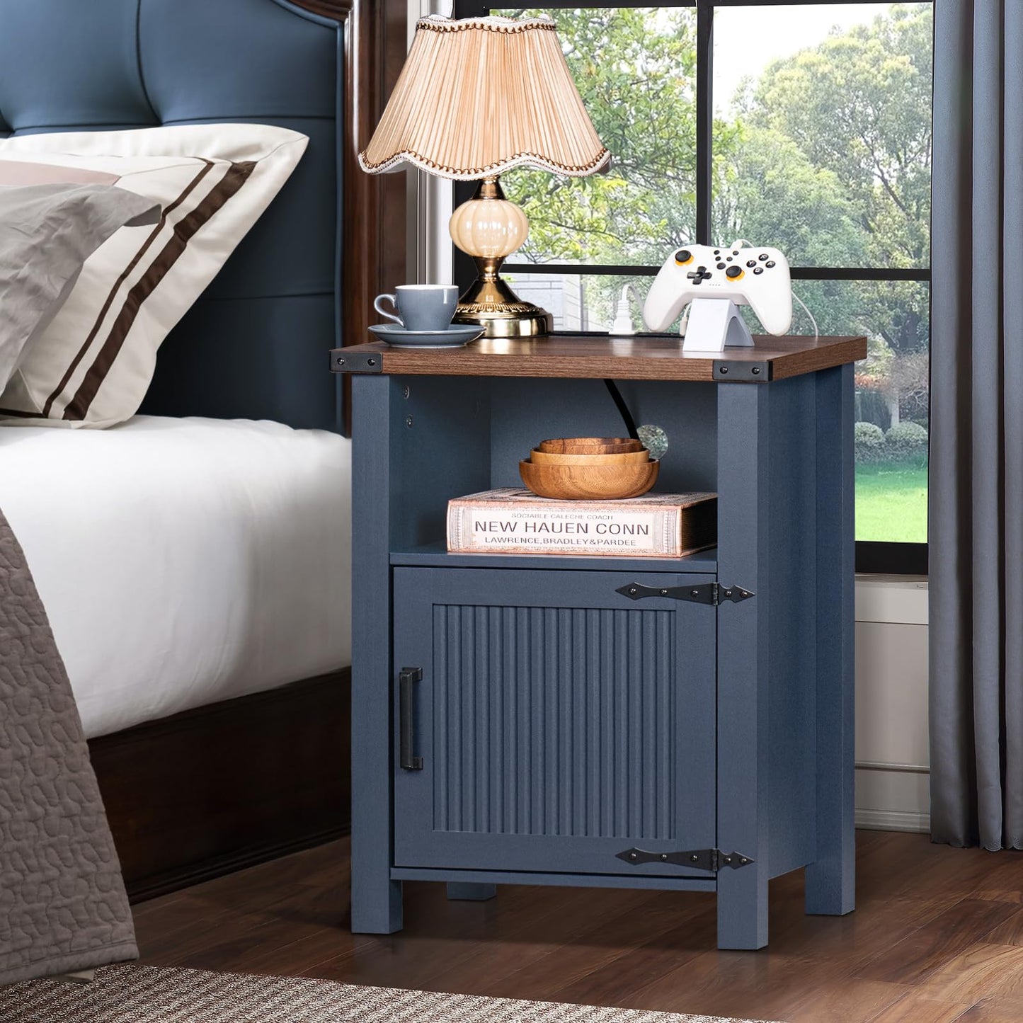 Joaxswe Night Stand Set of 2, 18 Inch Farmhouse Nightstand with with Charging Station and USB Port, Rustic Couch End Table with Magnetic Door, Wood Bed Side Tables for Bedroom, Home, Navy Blue